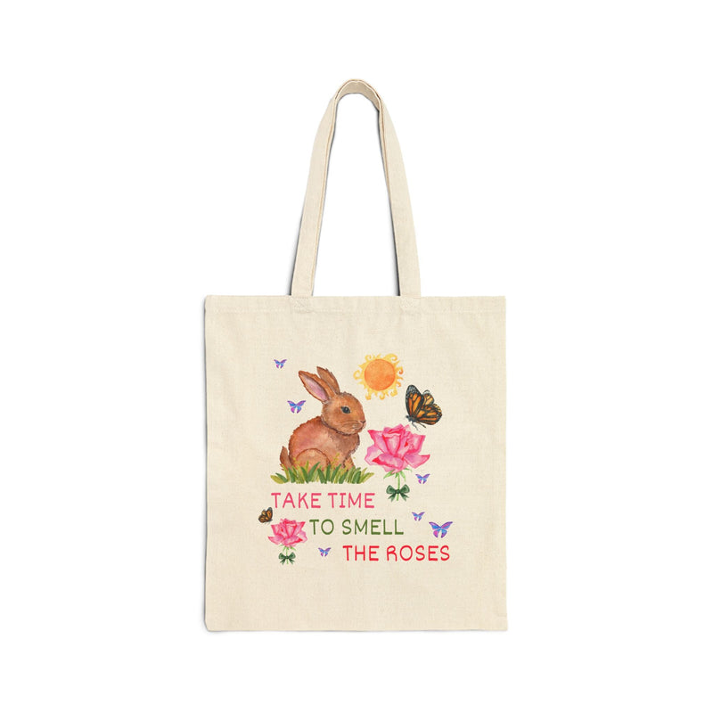 Funny Animal Lover Tote Bag, Cute Bunny and Boho Butterflies: Take Time To Smell The Roses | Tote Bag with Adorable Positive Affirmation - Opal and June