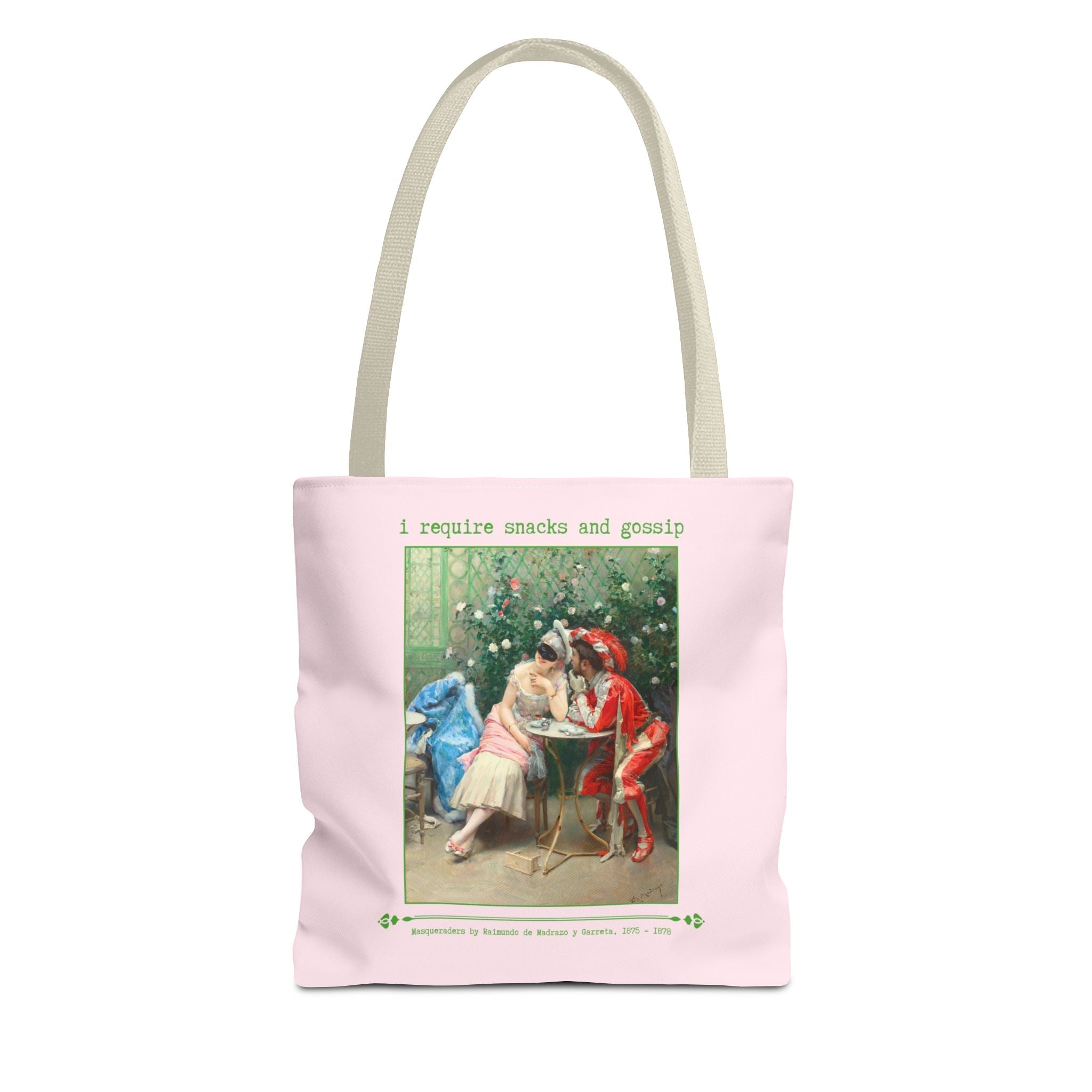 Funny Art History Tote Bag for Friend Who Loves Snacks and Rococo Art: I Require Snacks and Gossip, Silly Vintage Aesthetic Bag with Flowers - Opal and June