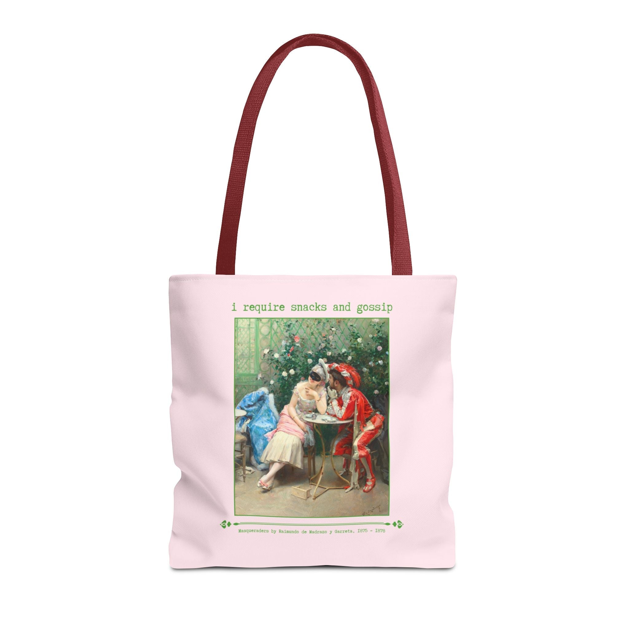 Funny Art History Tote Bag for Friend Who Loves Snacks and Rococo Art: I Require Snacks and Gossip, Silly Vintage Aesthetic Bag with Flowers - Opal and June
