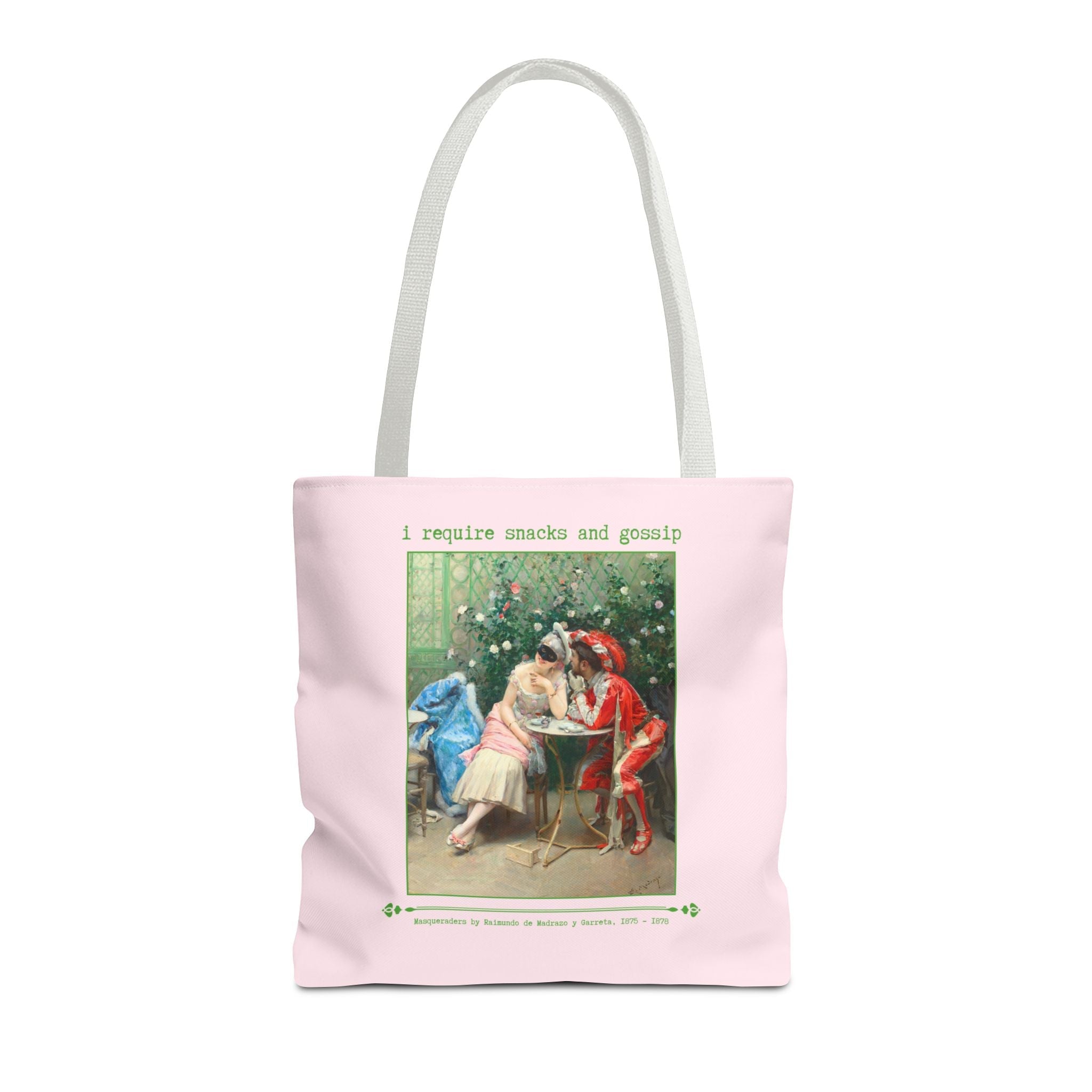 Funny Art History Tote Bag for Friend Who Loves Snacks and Rococo Art: I Require Snacks and Gossip, Silly Vintage Aesthetic Bag with Flowers - Opal and June