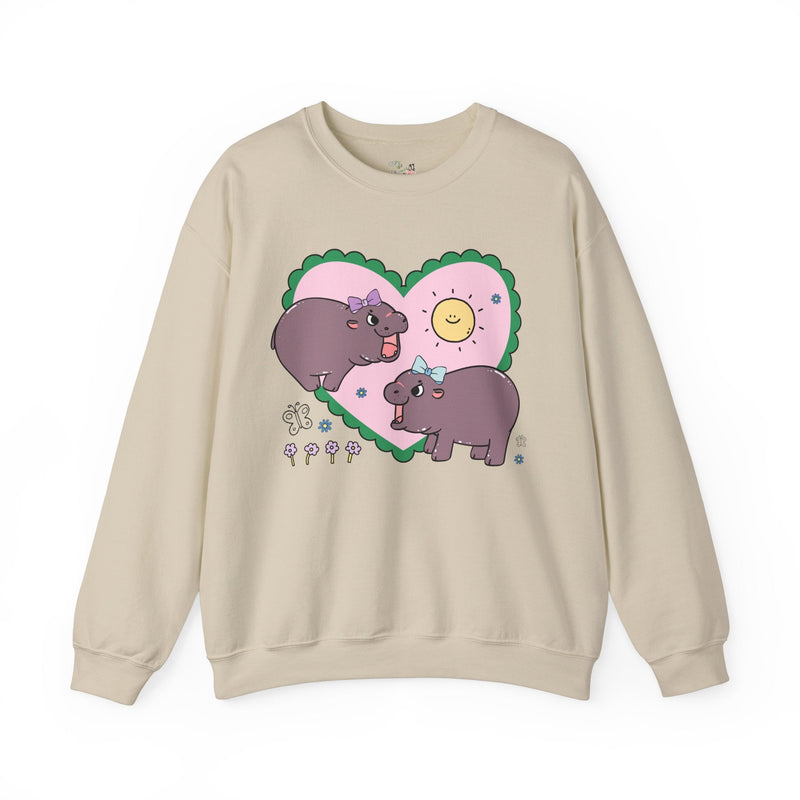 Funny Baby Hippo Sweatshirt with Cute Retro Hearts, 90s Aesthetic Shirt with Flowers for Animal Lover who Loves Hippos and Retro Cozy Vibes - Opal and June