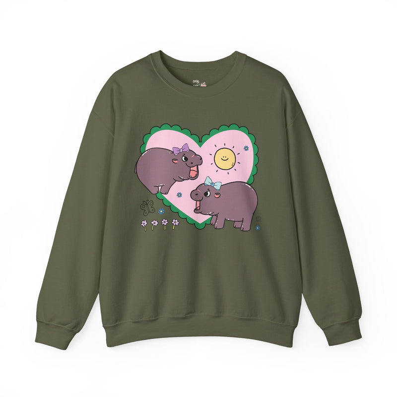 Funny Baby Hippo Sweatshirt with Cute Retro Hearts, 90s Aesthetic Shirt with Flowers for Animal Lover who Loves Hippos and Retro Cozy Vibes - Opal and June