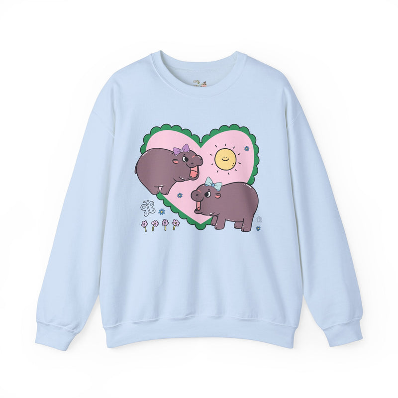 Funny Baby Hippo Sweatshirt with Cute Retro Hearts, 90s Aesthetic Shirt with Flowers for Animal Lover who Loves Hippos and Retro Cozy Vibes - Opal and June