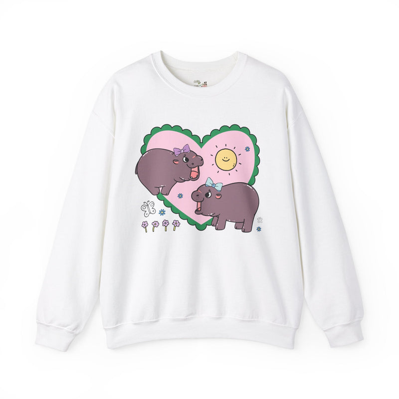 Funny Baby Hippo Sweatshirt with Cute Retro Hearts, 90s Aesthetic Shirt with Flowers for Animal Lover who Loves Hippos and Retro Cozy Vibes - Opal and June