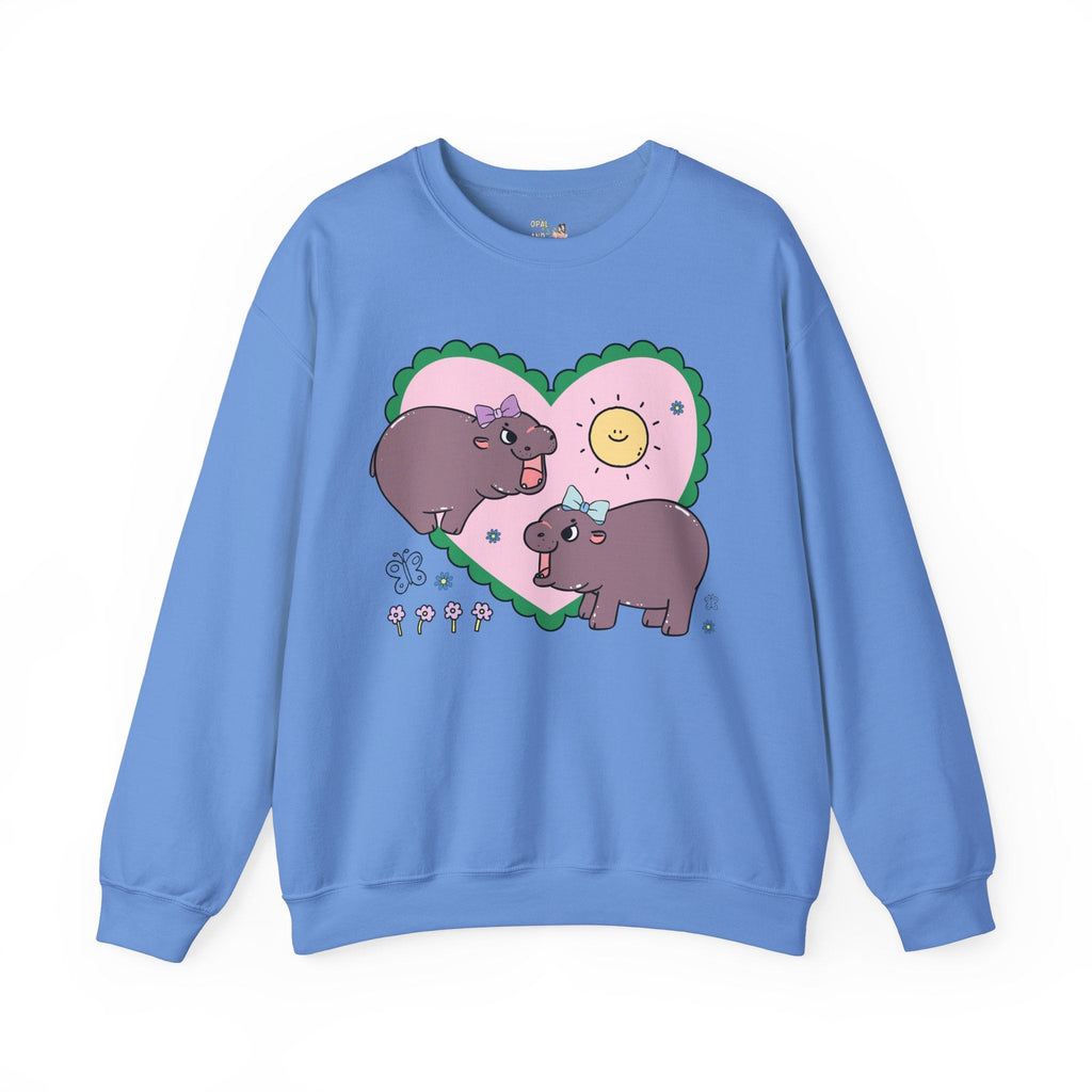 Funny Baby Hippo Sweatshirt with Cute Retro Hearts, 90s Aesthetic Shirt with Flowers for Animal Lover who Loves Hippos and Retro Cozy Vibes - Opal and June