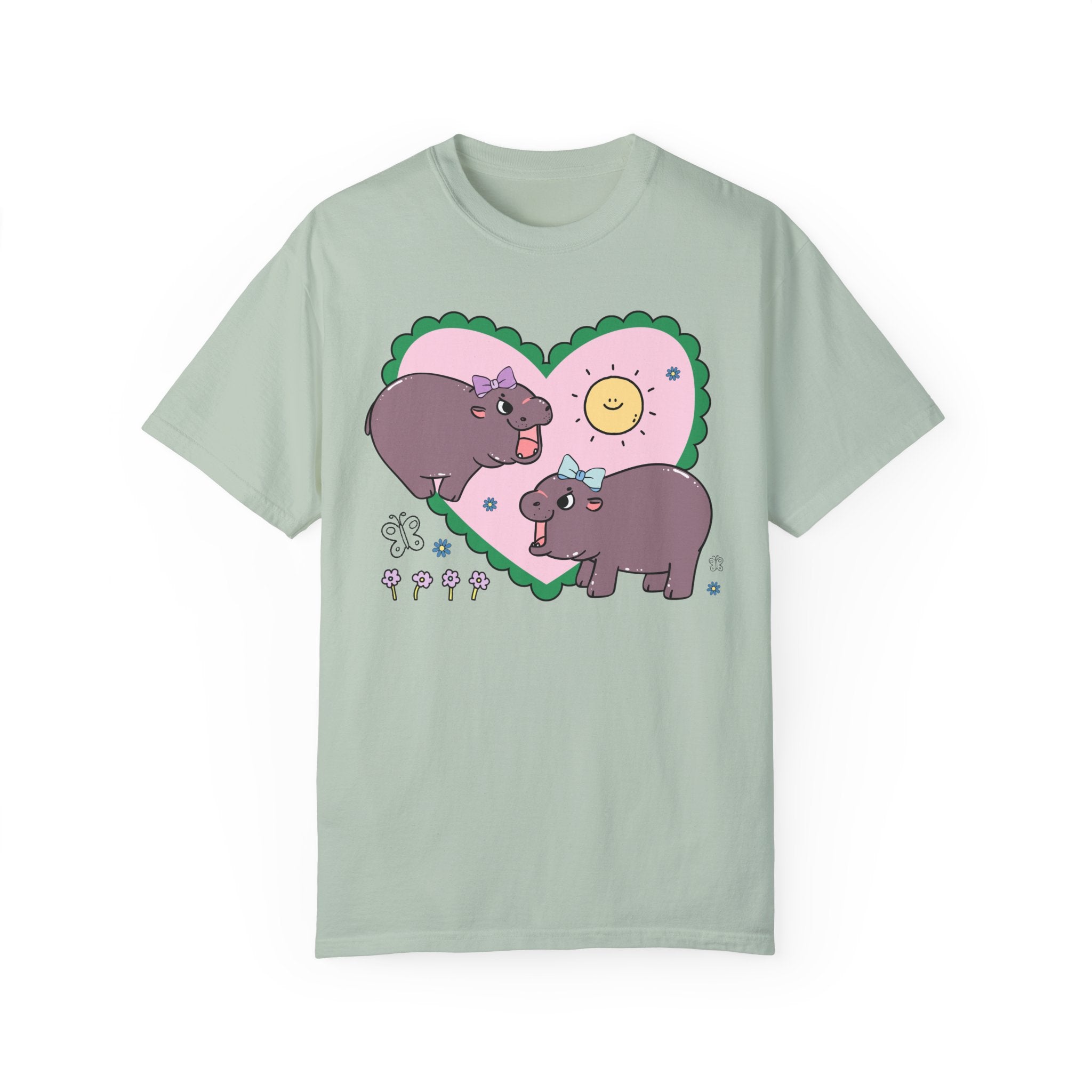 Funny Baby Hippo T-Shirt with Retro Hearts - Opal and June