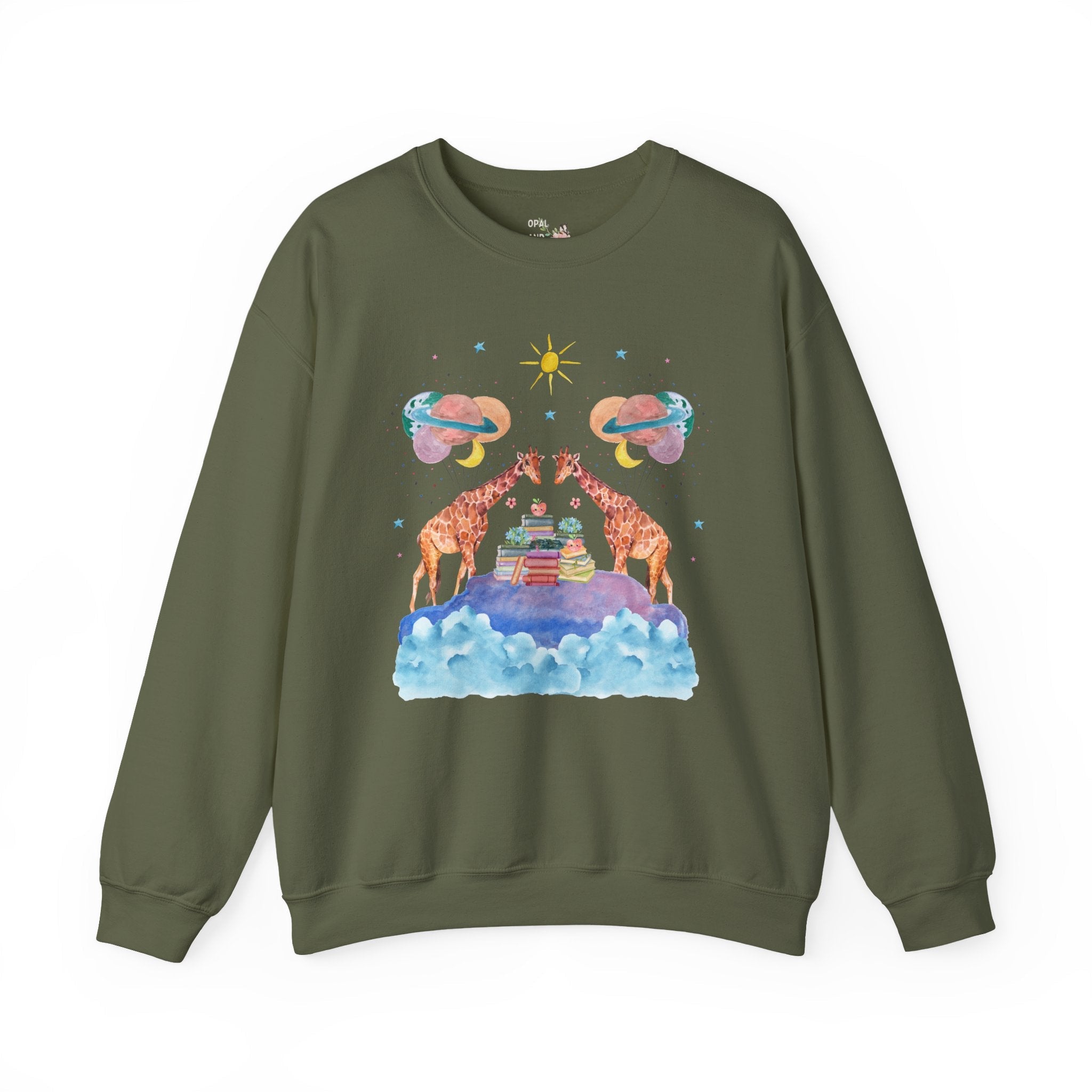 Funny Bookish Giraffe: Loud Space Sweatshirt with Balloons and Clouds | Giraffe Lover Gift, Colorful Dreamcore Aesthetic Shirt with Stars - Opal and June