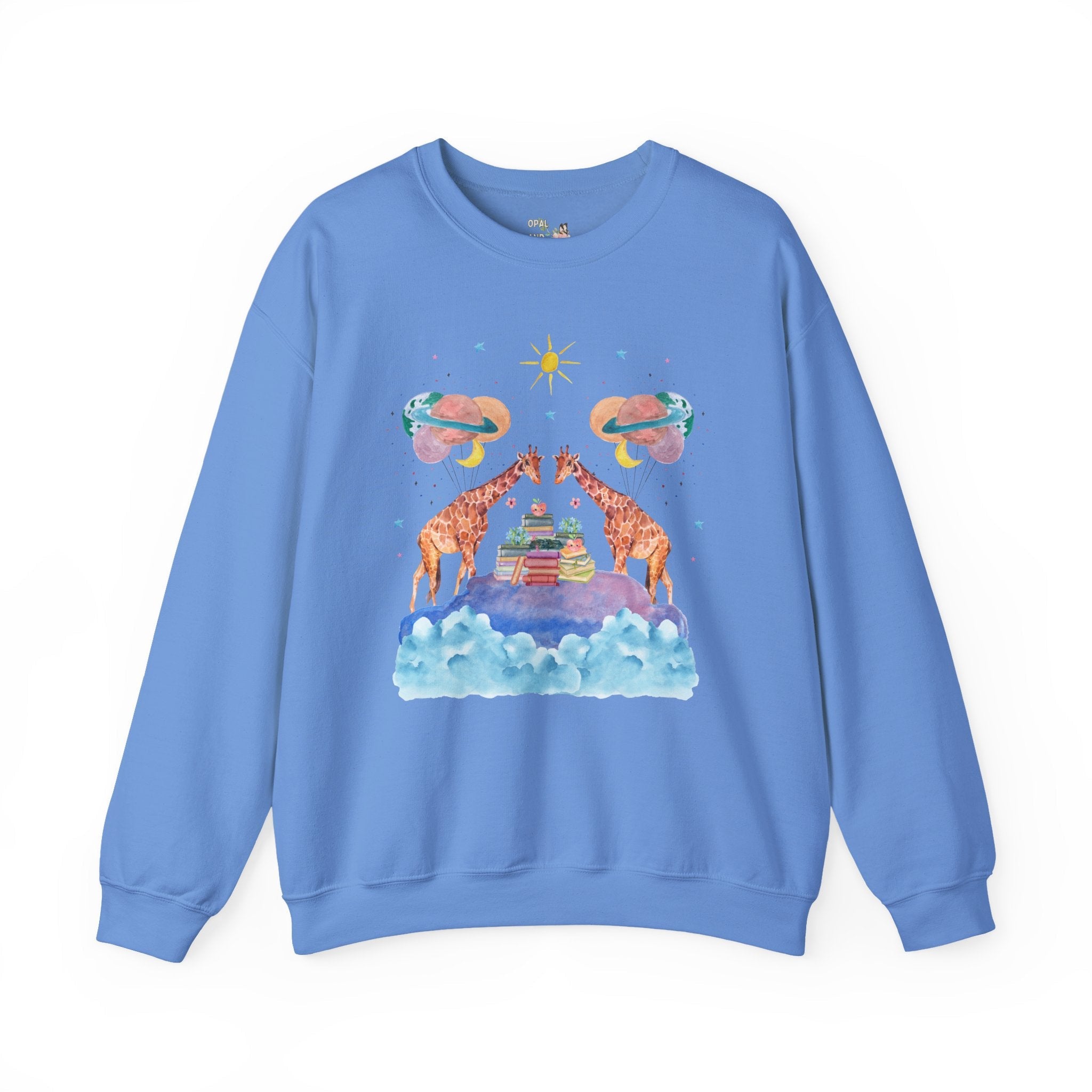 Funny Bookish Giraffe: Loud Space Sweatshirt with Balloons and Clouds | Giraffe Lover Gift, Colorful Dreamcore Aesthetic Shirt with Stars - Opal and June