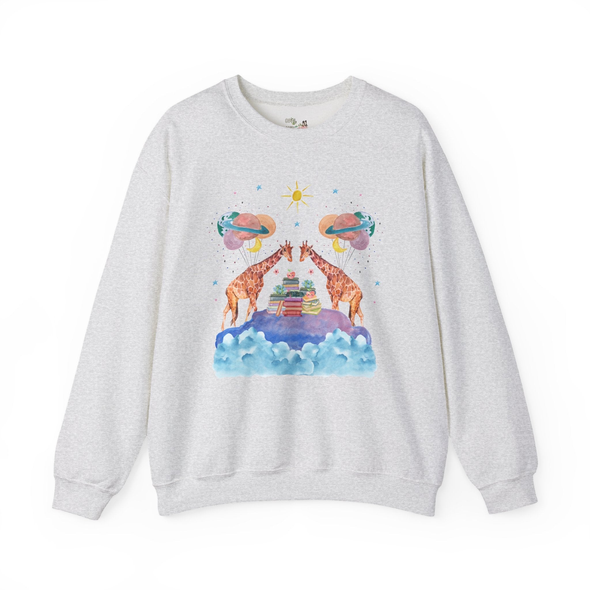 Funny Bookish Giraffe: Loud Space Sweatshirt with Balloons and Clouds | Giraffe Lover Gift, Colorful Dreamcore Aesthetic Shirt with Stars - Opal and June