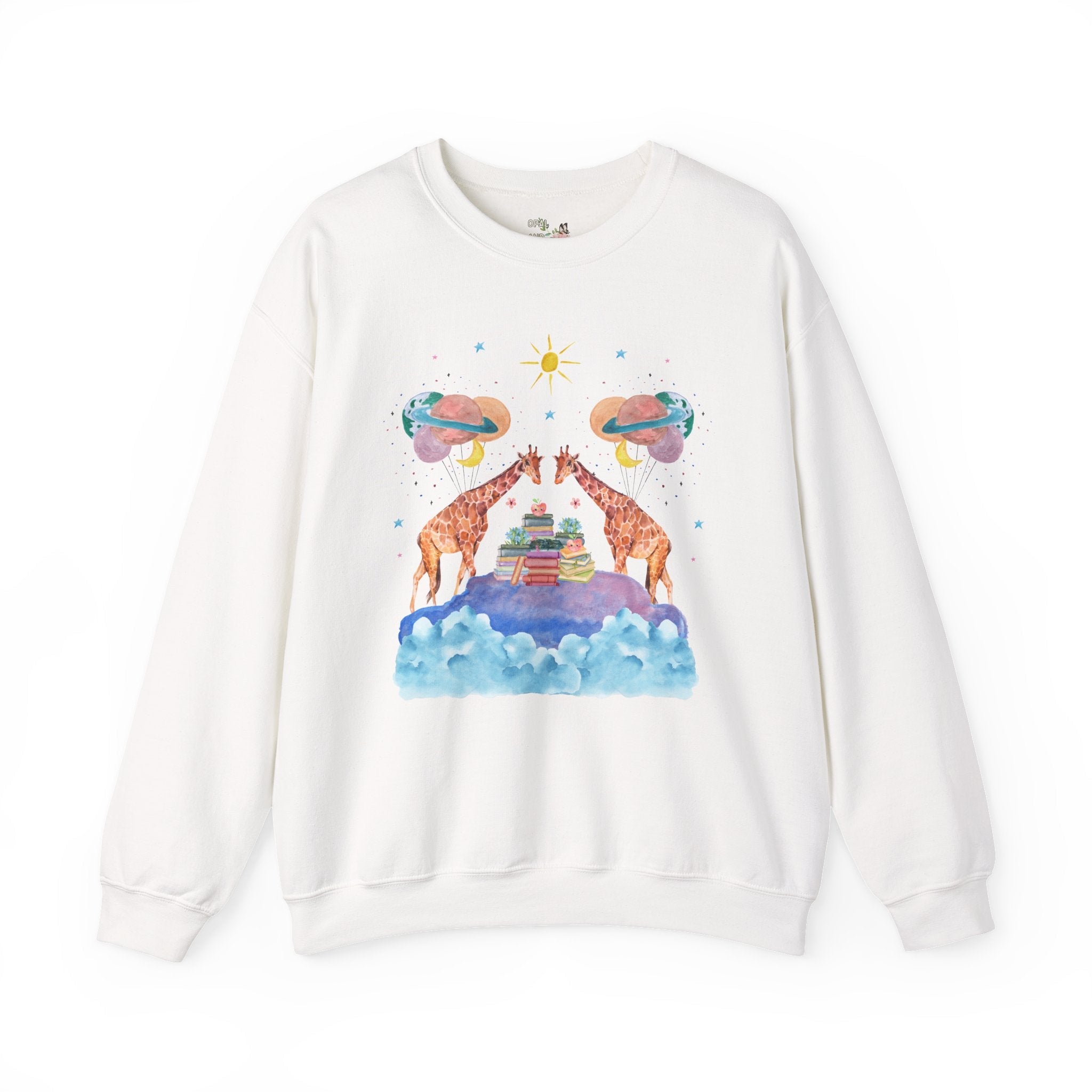 Funny Bookish Giraffe: Loud Space Sweatshirt with Balloons and Clouds | Giraffe Lover Gift, Colorful Dreamcore Aesthetic Shirt with Stars - Opal and June