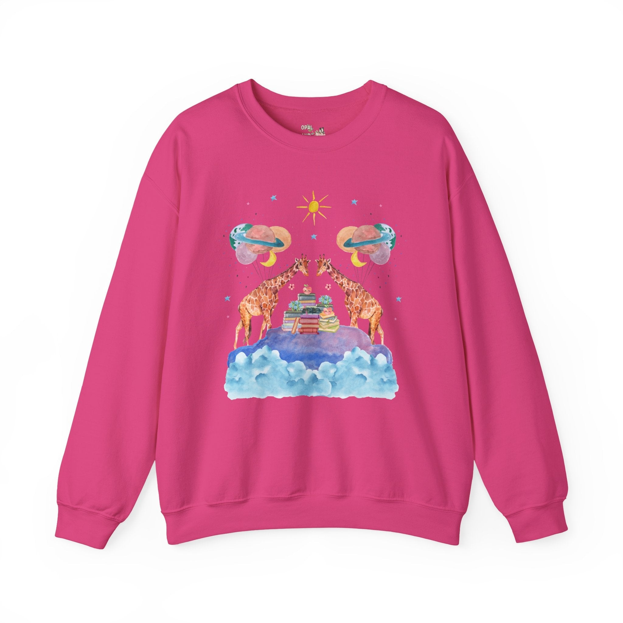 Funny Bookish Giraffe: Loud Space Sweatshirt with Balloons and Clouds | Giraffe Lover Gift, Colorful Dreamcore Aesthetic Shirt with Stars - Opal and June