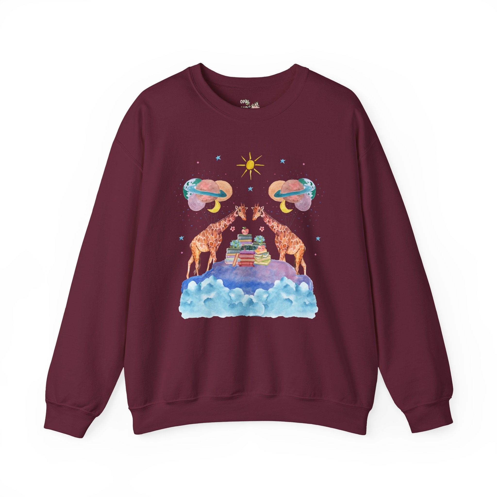 Funny Bookish Giraffe: Loud Space Sweatshirt with Balloons and Clouds | Giraffe Lover Gift, Colorful Dreamcore Aesthetic Shirt with Stars - Opal and June
