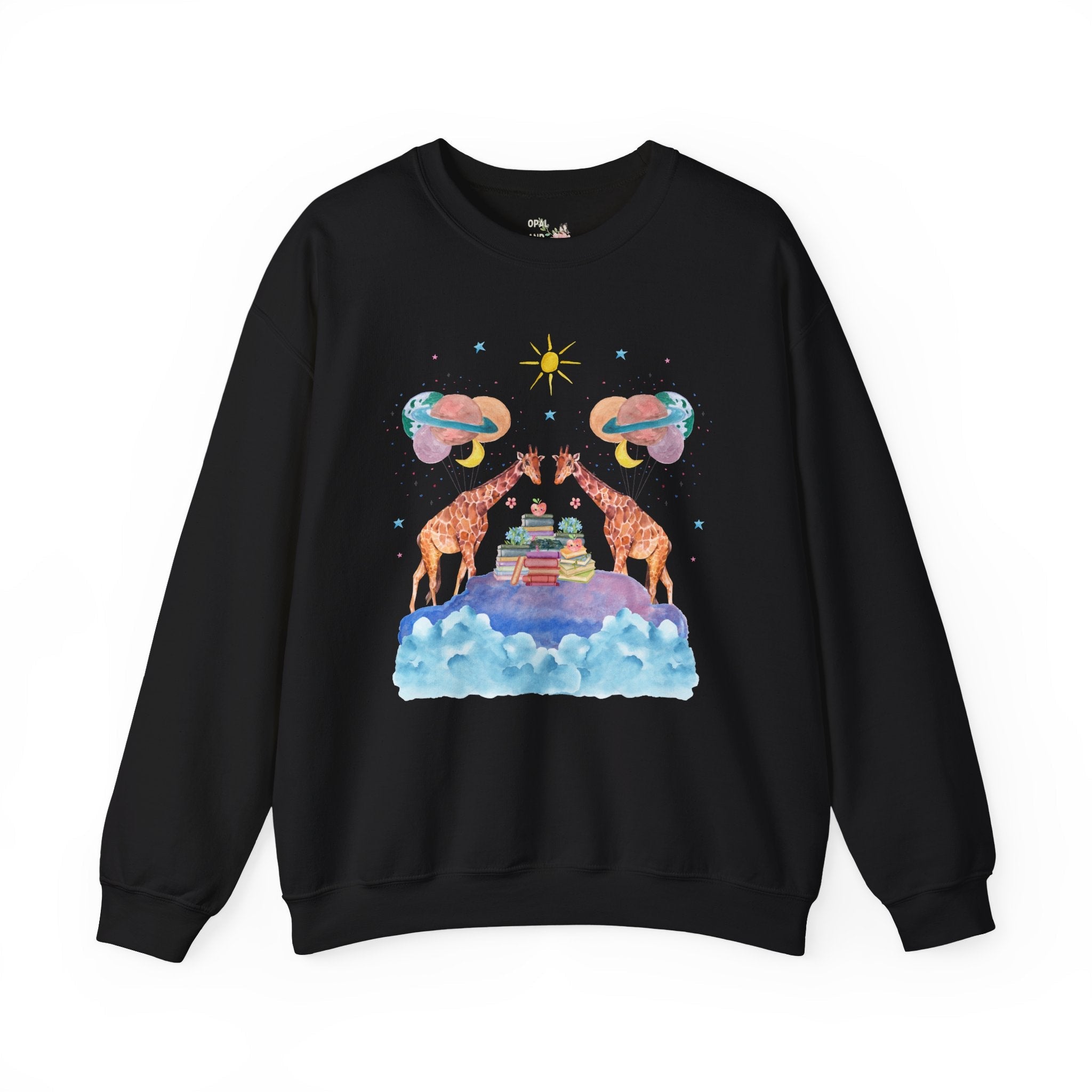 Funny Bookish Giraffe: Loud Space Sweatshirt with Balloons and Clouds | Giraffe Lover Gift, Colorful Dreamcore Aesthetic Shirt with Stars - Opal and June
