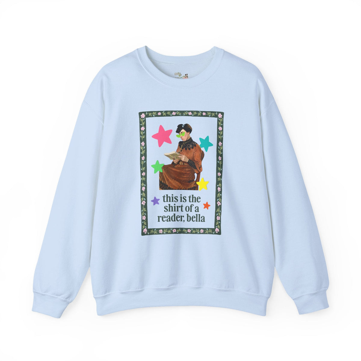 Funny Bookish Sweatshirt for Romance Reader Who Loves Early 2000s Novels, Silly Ary History Buff Crewneck with Stars, Painting of Woman Reading - Opal and June