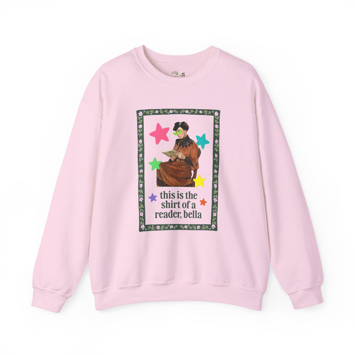 Funny Bookish Sweatshirt for Romance Reader Who Loves Early 2000s Novels, Silly Ary History Buff Crewneck with Stars, Painting of Woman Reading - Opal and June
