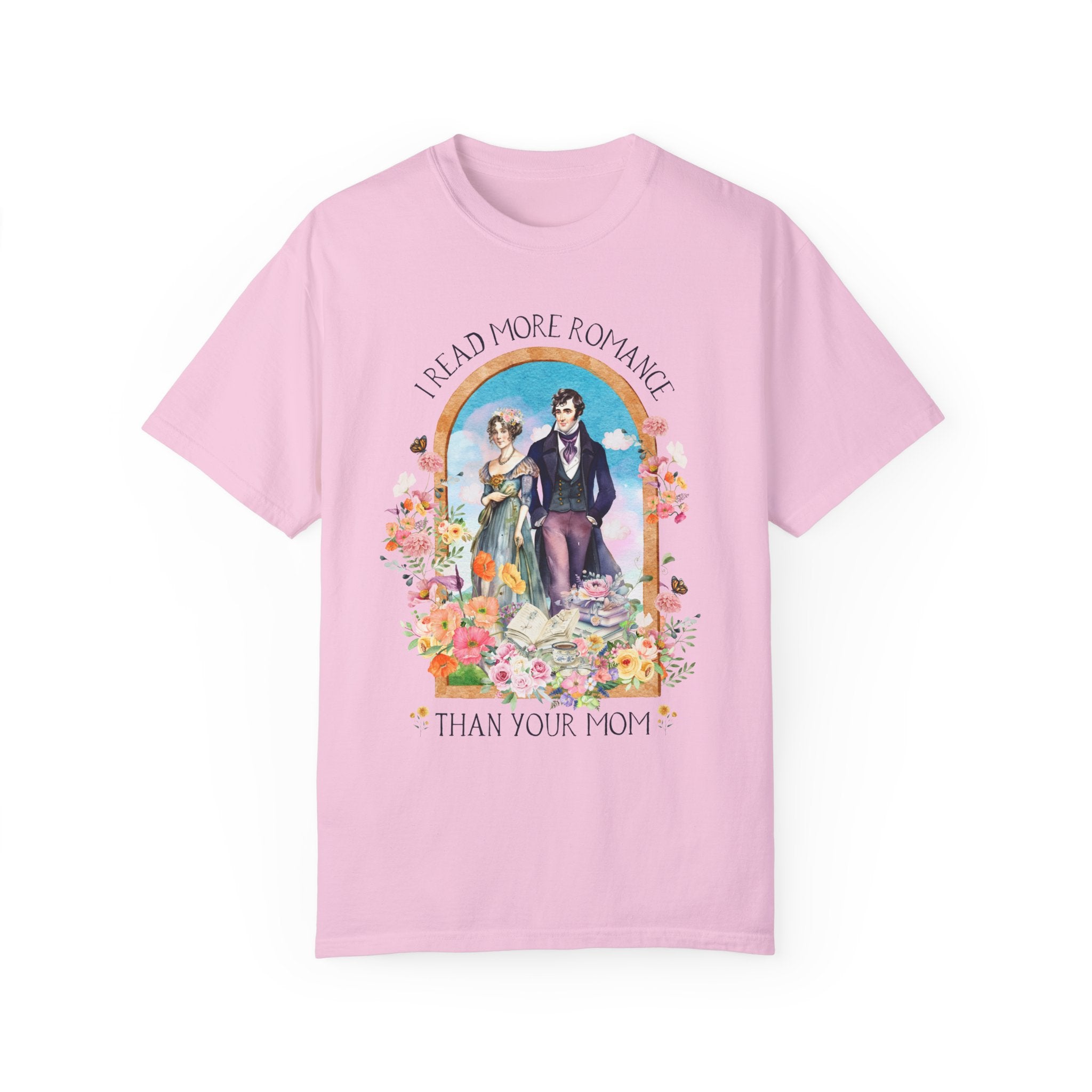 Funny Bookish Tee Shirt for Regency Romance Reader: I Read More Romance Than Your Mom | Floral Book Lover T-Shirt, Historical Romance Gift - Opal and June