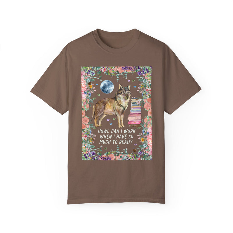 Funny Bookish Tee Shirt with Cottagecore Floral Wolf: Howl Can I Work When I Have So Much To Read?, Kitschy 90s Throwback Tee for Book Lover - Opal and June