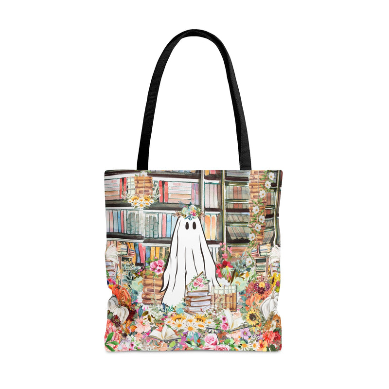 Funny Bookish Tote Bag for Halloween: Floral Ghost in Library - Opal and June