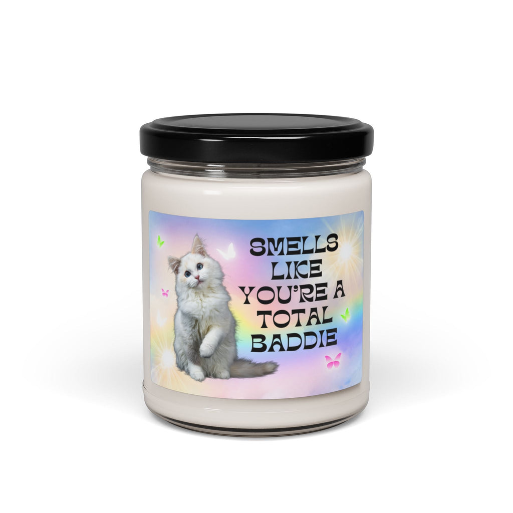 Funny Cat Gift for Friend: Smells Like You're A Total Baddie | 9 Oz Soy Candle for Cat Mom or Cat Dad Who Loves Rainbows, Silly Friend Gift - Opal and June