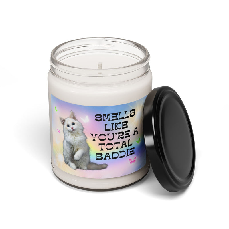 Funny Cat Gift for Friend: Smells Like You're A Total Baddie | 9 Oz Soy Candle for Cat Mom or Cat Dad Who Loves Rainbows, Silly Friend Gift - Opal and June