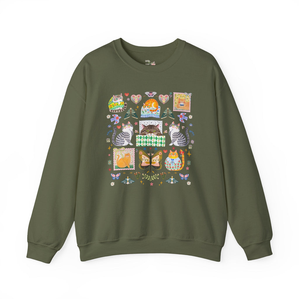 Funny Cat Lover Sweatshirt, Boho Floral Folk Art Aesthetic, Colorful Maximalist Animal Lover Crewneck for Cat Mom or Cat Dad, Cat Lover Gift - Opal and June