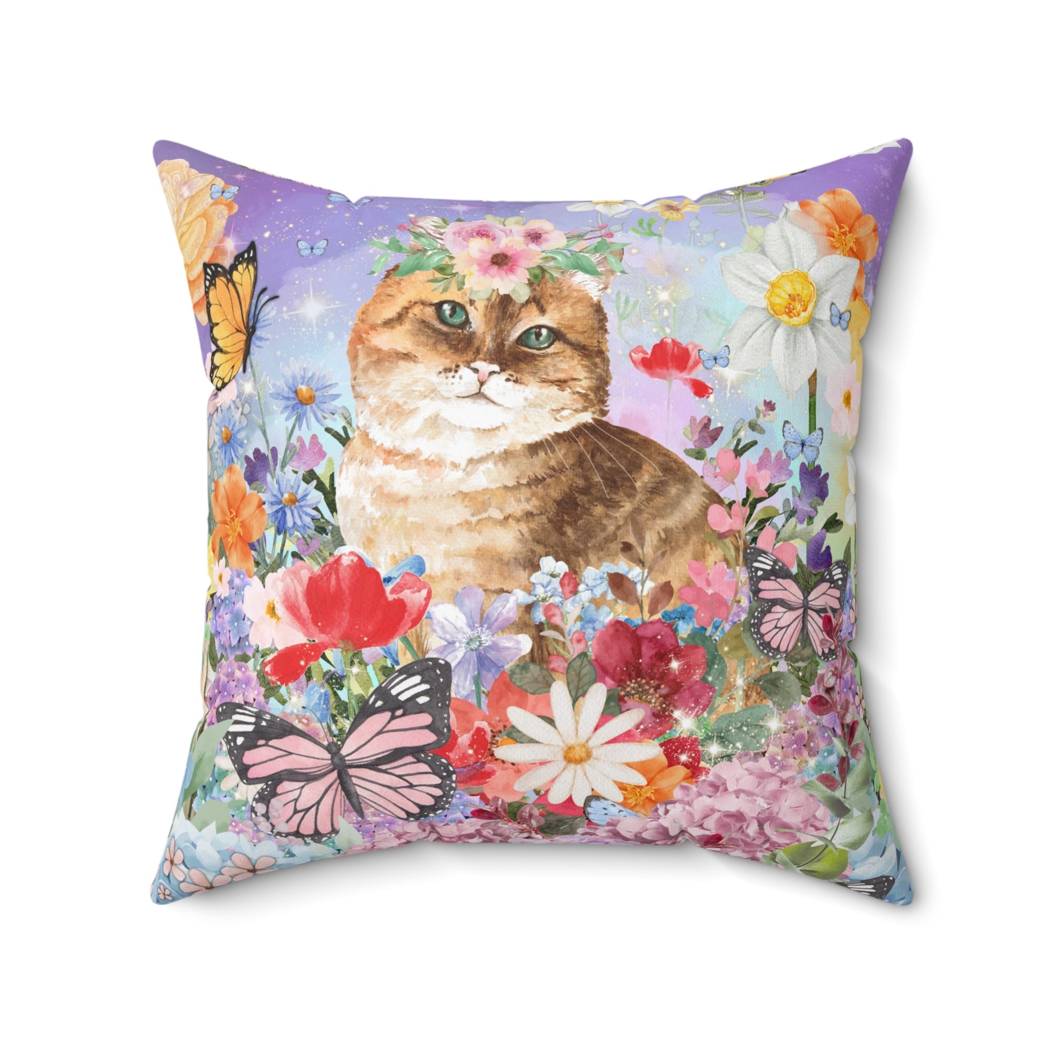 Funny Cottagecore Cat Pillow for Cat Mom or Cat Dad: Watercolor Cat with Butterflies | Colorful and Kitschy Throwback Pillow with Flowers - Opal and June