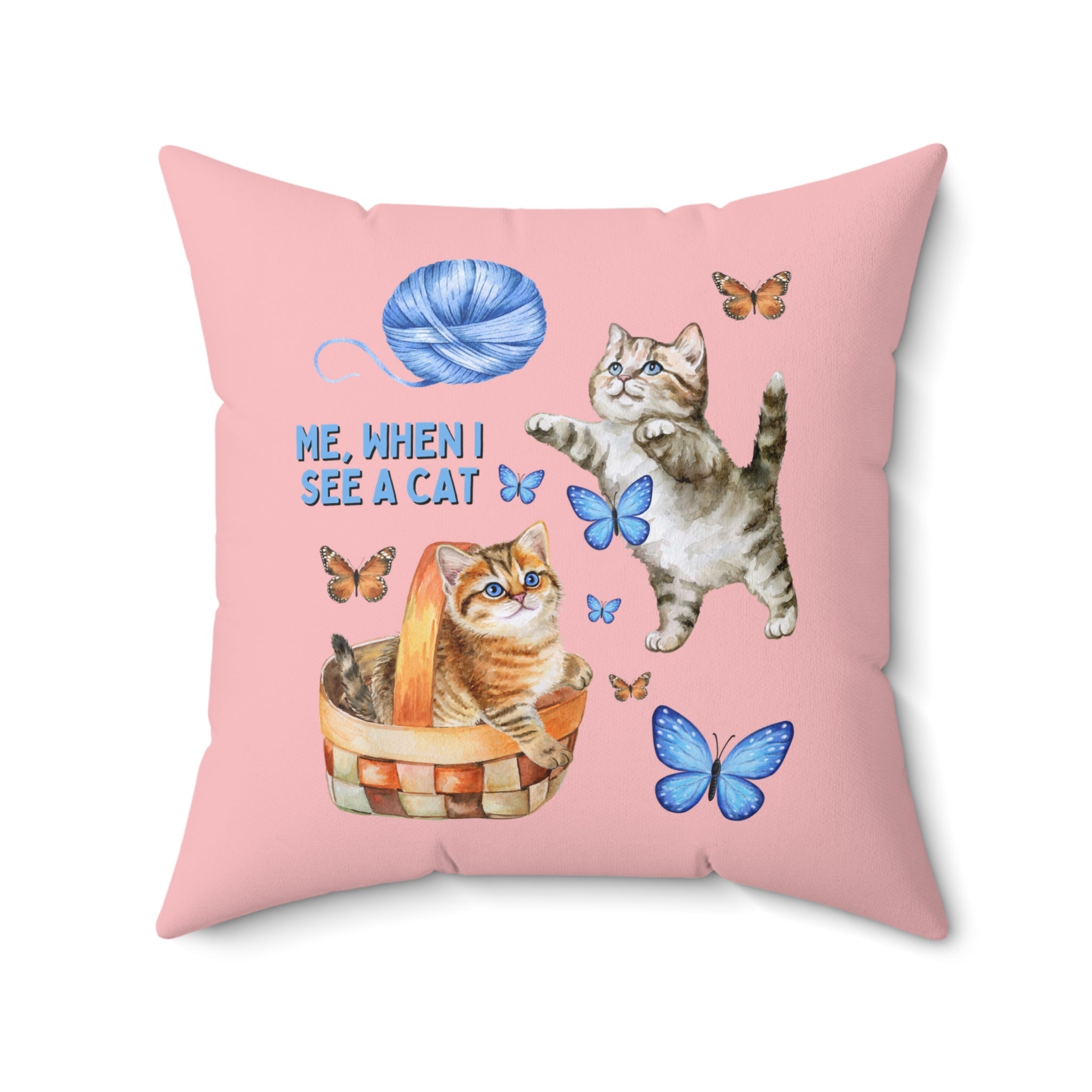 Funny Cottagecore Cat Pillow with Boho Butterflies: Me When I See A Cat | Colorful and Kitschy 90s Aesthetic Whimsigoth Pillow for Cat Mom - Opal and June
