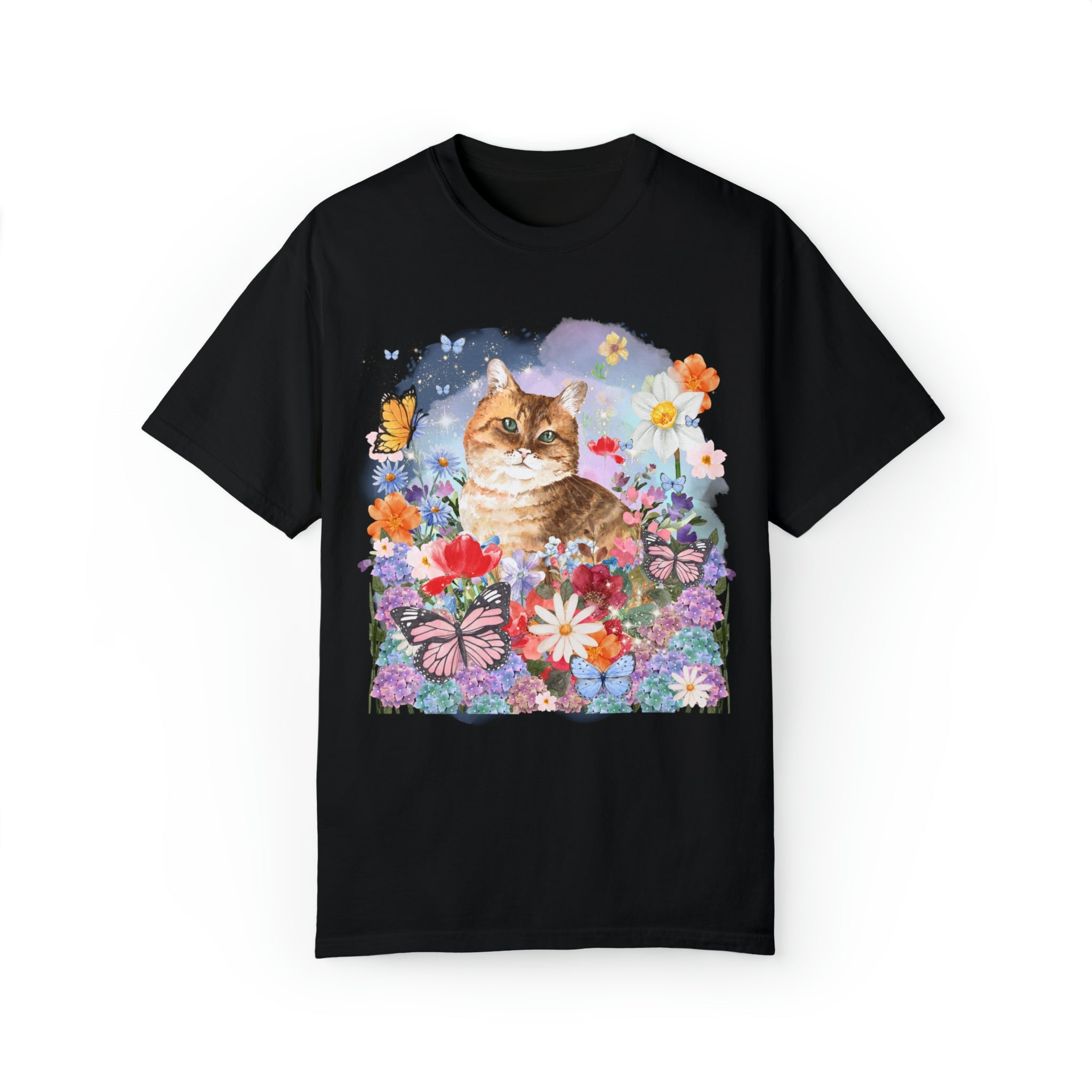 Funny Cottagecore Cat Shirt for Cat Mom or Cat Lover: Watercolor Cat with Butterflies - Opal and June
