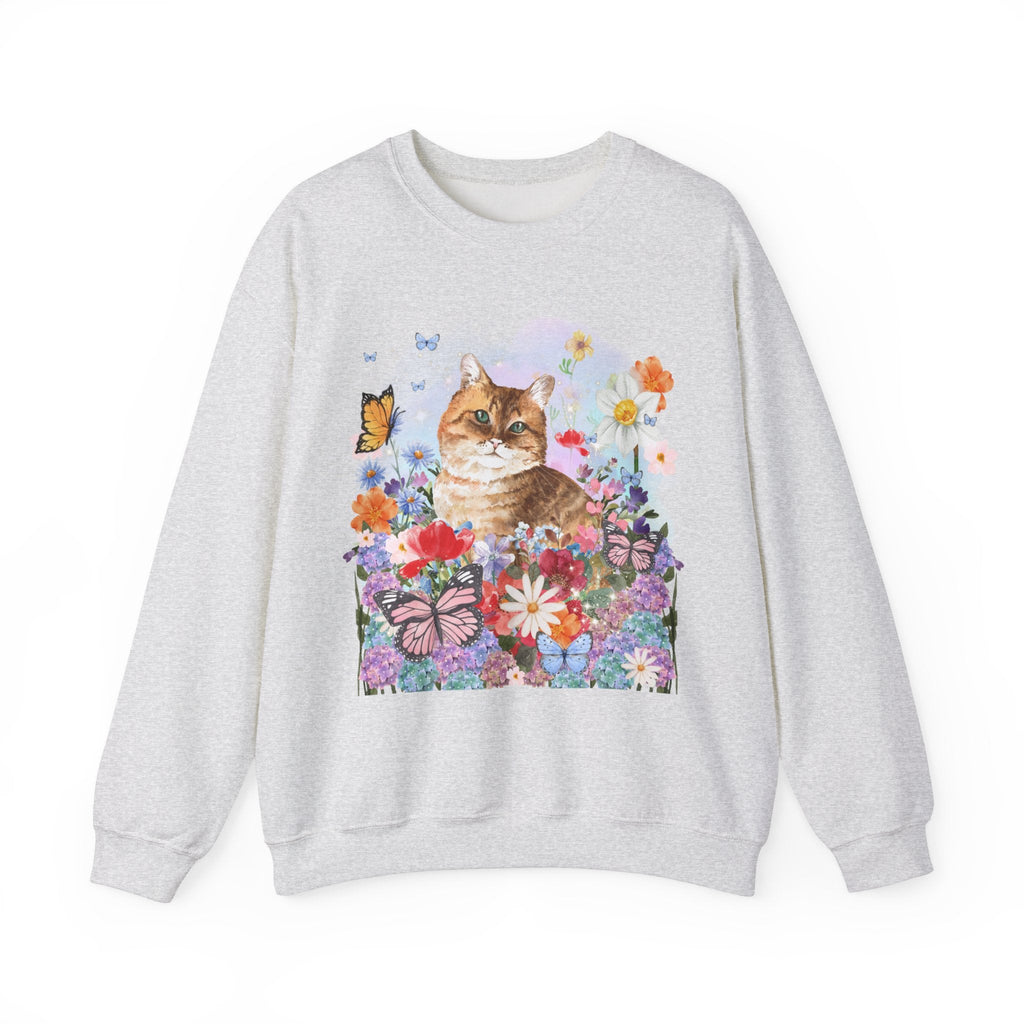 Funny Cottagecore Cat Sweatshirt for Cat Mom or Cat Lover: Watercolor Cat with Butterflies | Colorful and Kitschy Floral 90s Throwback Shirt - Opal and June