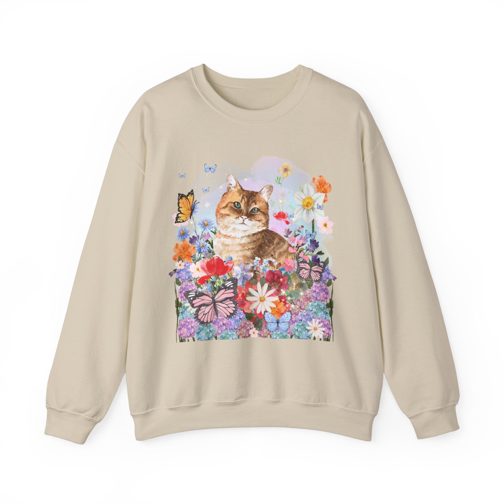 Funny Cottagecore Cat Sweatshirt for Cat Mom or Cat Lover: Watercolor Cat with Butterflies | Colorful and Kitschy Floral 90s Throwback Shirt - Opal and June