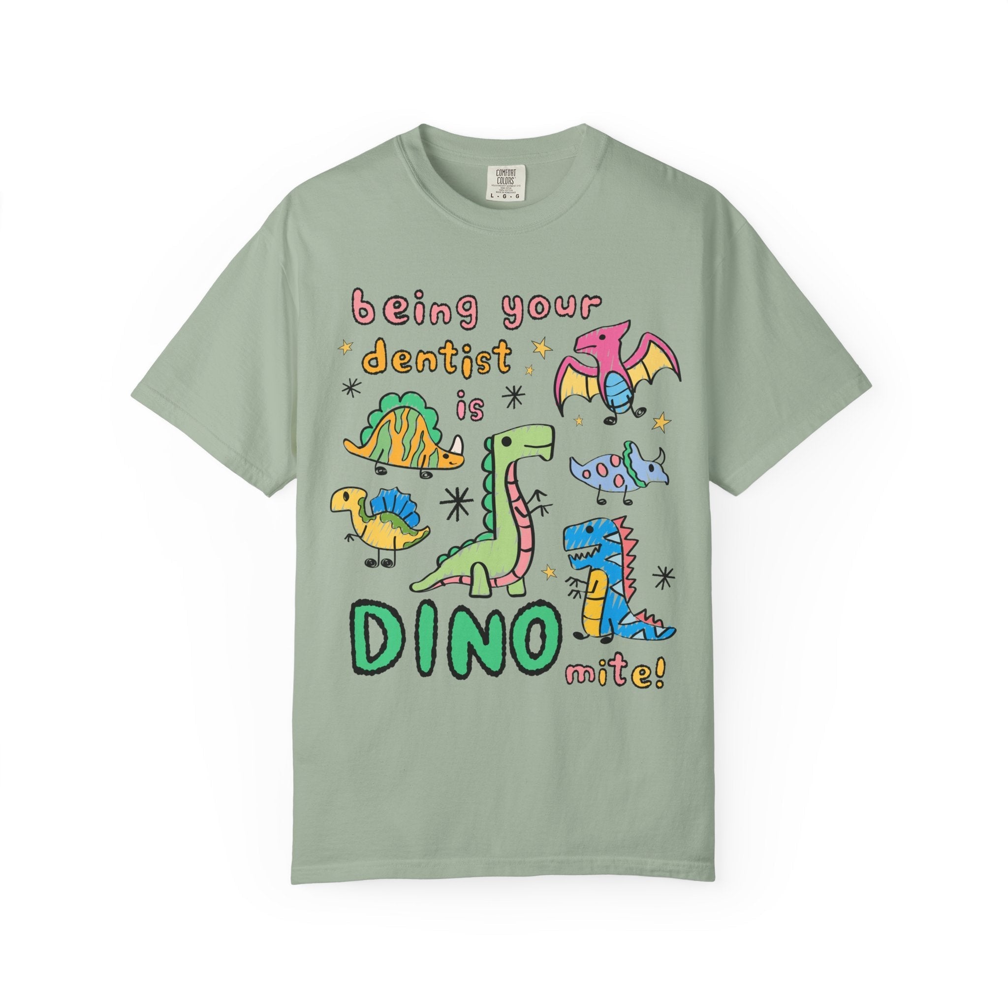 Funny Dentist Tee Shirt for Dentist, Dental Hygienist Who Loves Dinosaurs: Being Your Dentist is Dino - Mite! Funny Sarcastic Gift for Dentist - Opal and June