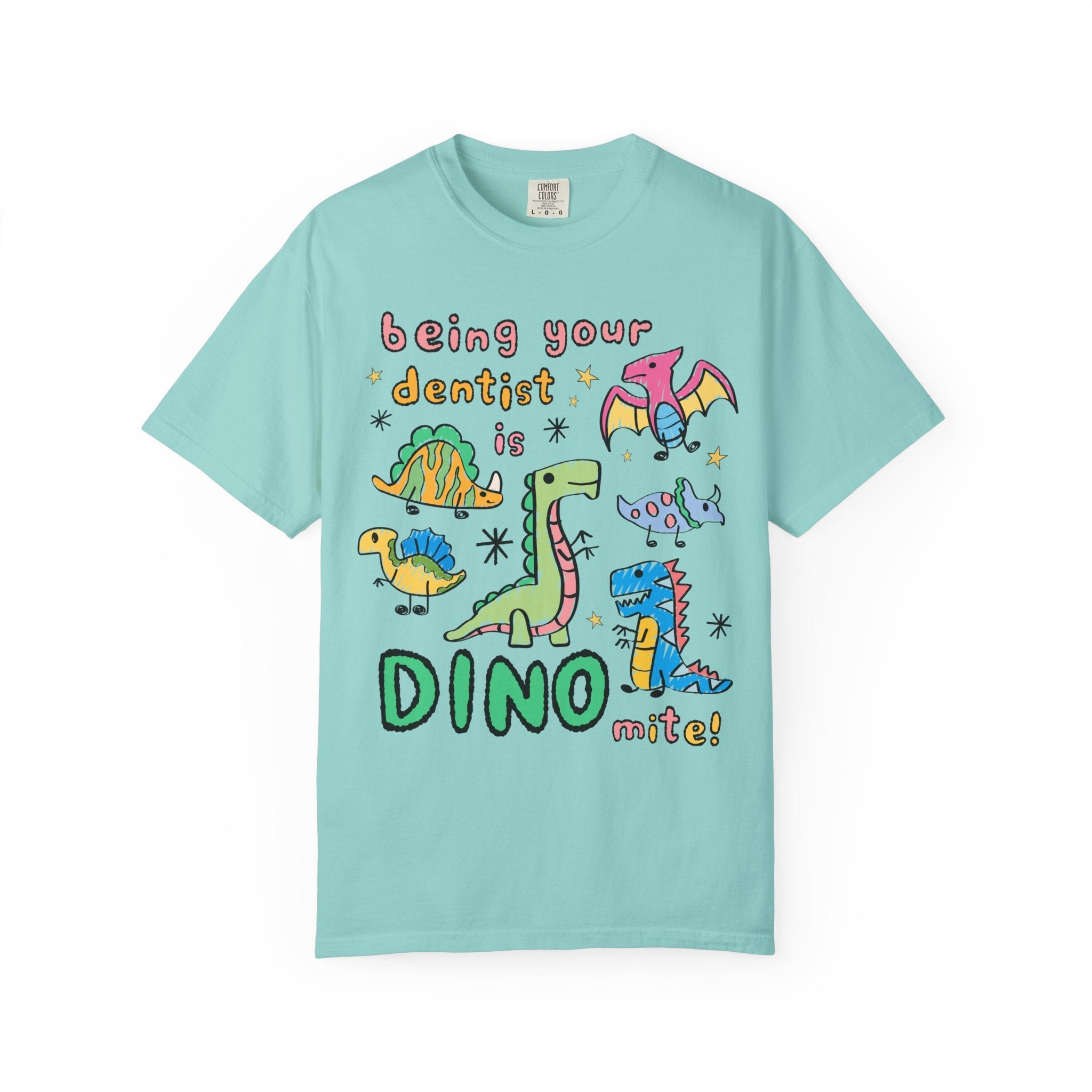 Funny Dentist Tee Shirt for Dentist, Dental Hygienist Who Loves Dinosaurs: Being Your Dentist is Dino - Mite! Funny Sarcastic Gift for Dentist - Opal and June
