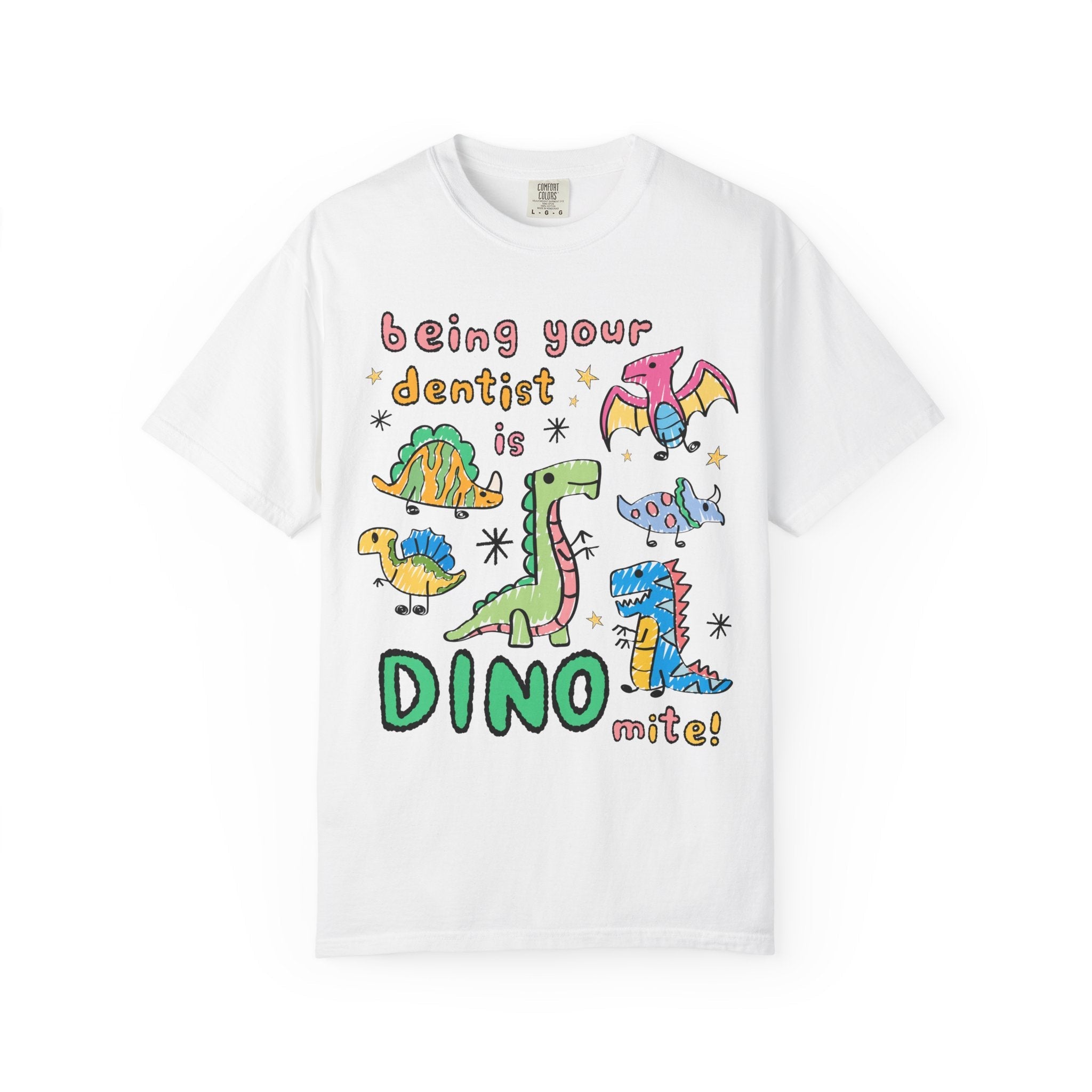 Funny Dentist Tee Shirt for Dentist, Dental Hygienist Who Loves Dinosaurs: Being Your Dentist is Dino - Mite! Funny Sarcastic Gift for Dentist - Opal and June