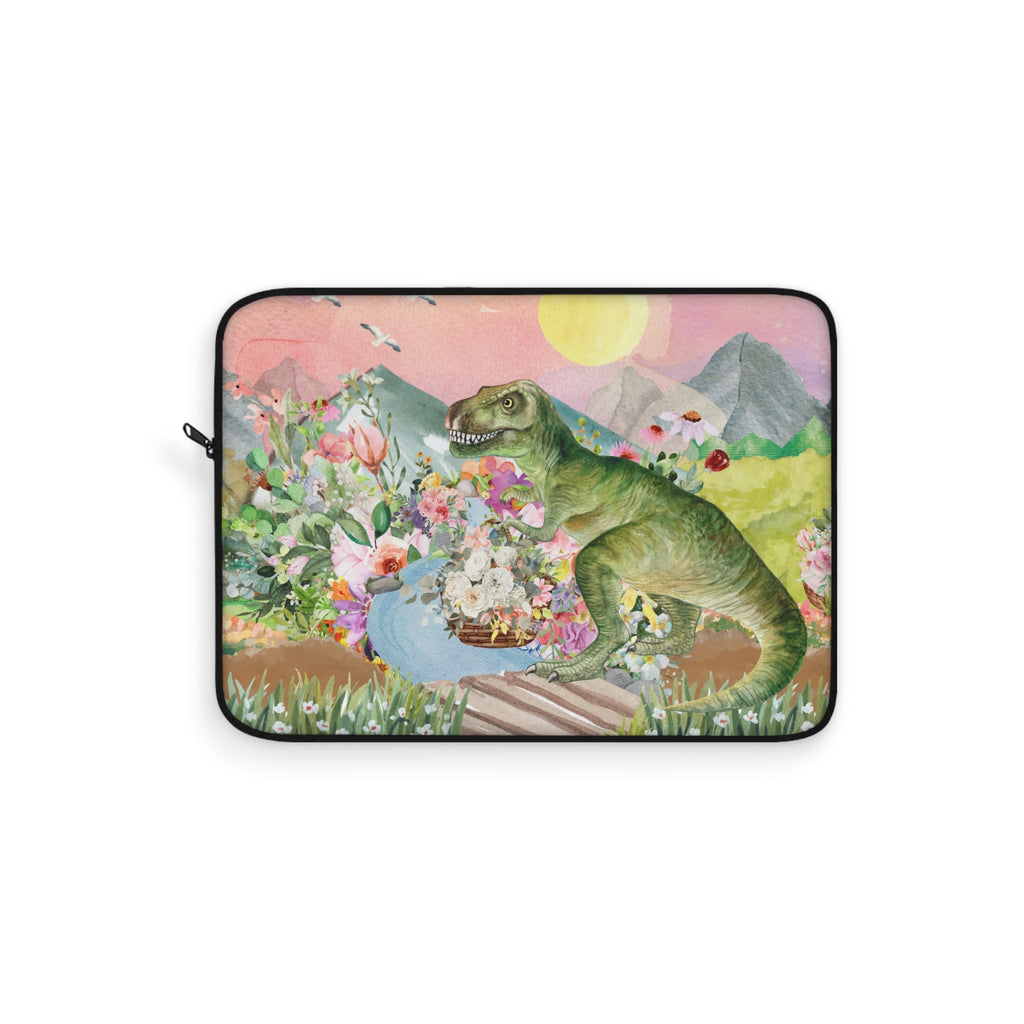 Funny Dinosaur Laptop Sleeve for Science Major or Paleontology Professor: T - Rex Holding Flowers - Opal and June