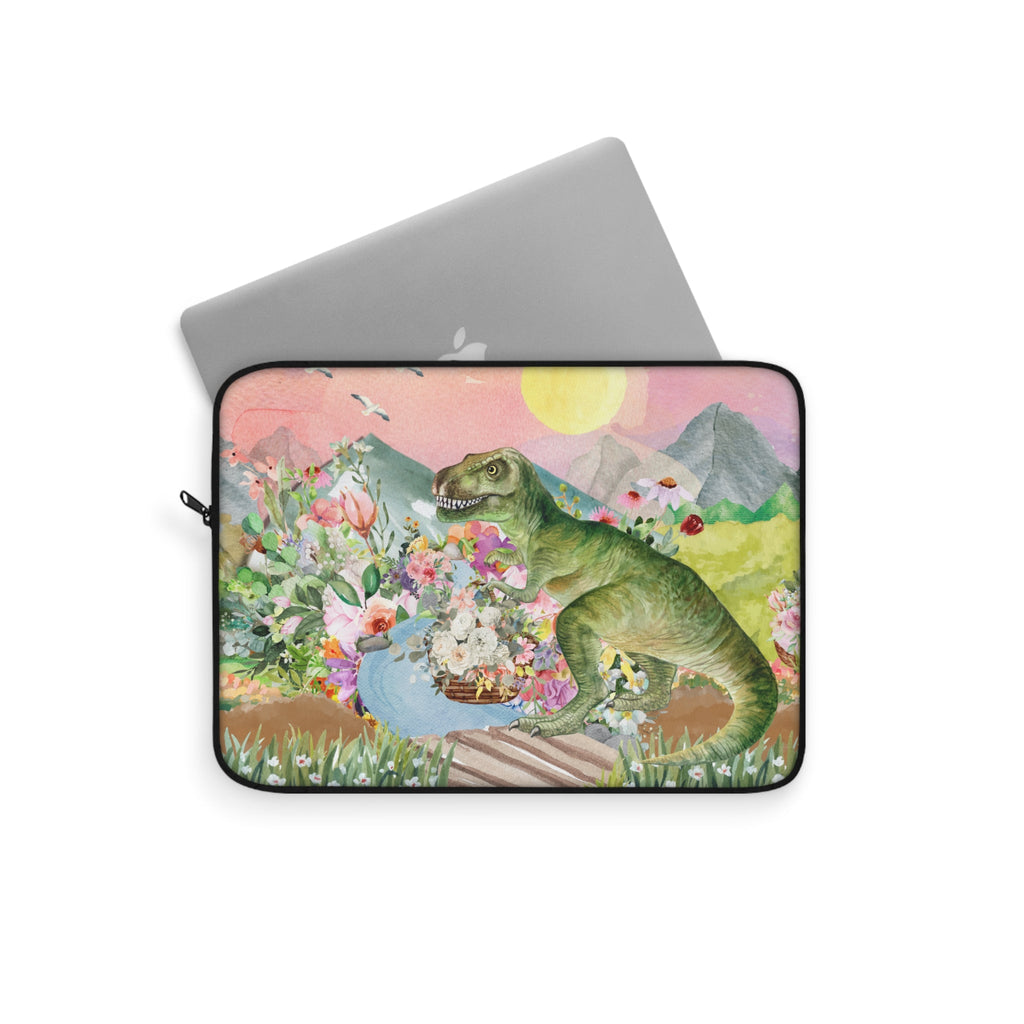 Funny Dinosaur Laptop Sleeve for Science Major or Paleontology Professor: T - Rex Holding Flowers - Opal and June