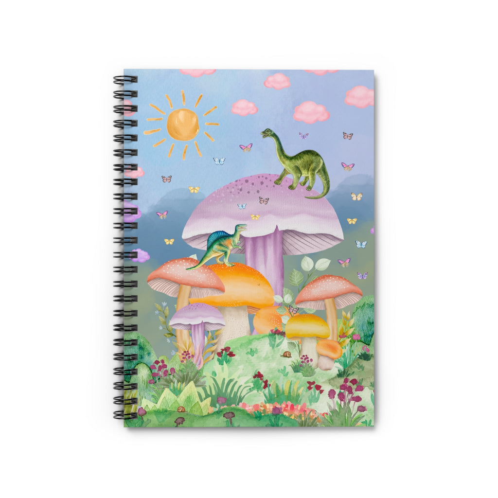 Funny Dinosaur Notebook with Mushrooms: Spiral Notebook with Lined Pages - Opal and June