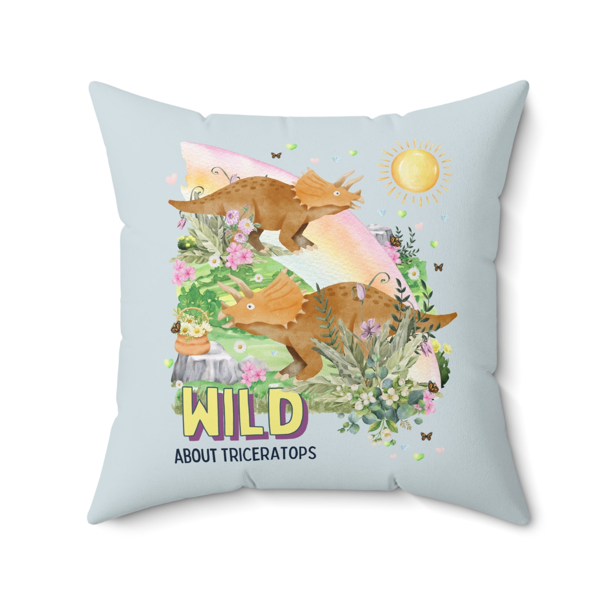 Funny Dinosaur Pillow with Flowers: Wild About Triceratops, Silly Floral Cottagecore Decor, Dinosaur Lover Pillow, Science Teacher Gift - Opal and June