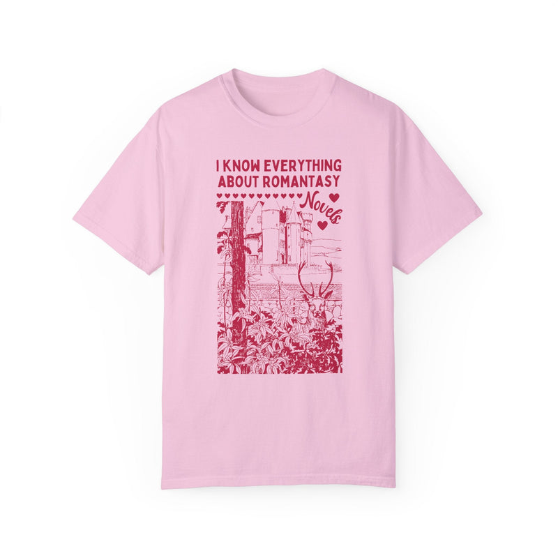 Funny Fantasy Romance Tee Shirt: I Know Everything About Romantasy Novels | Silly Book Lover Gift Idea for Reader Who Loves Fantasy Romance - Opal and June