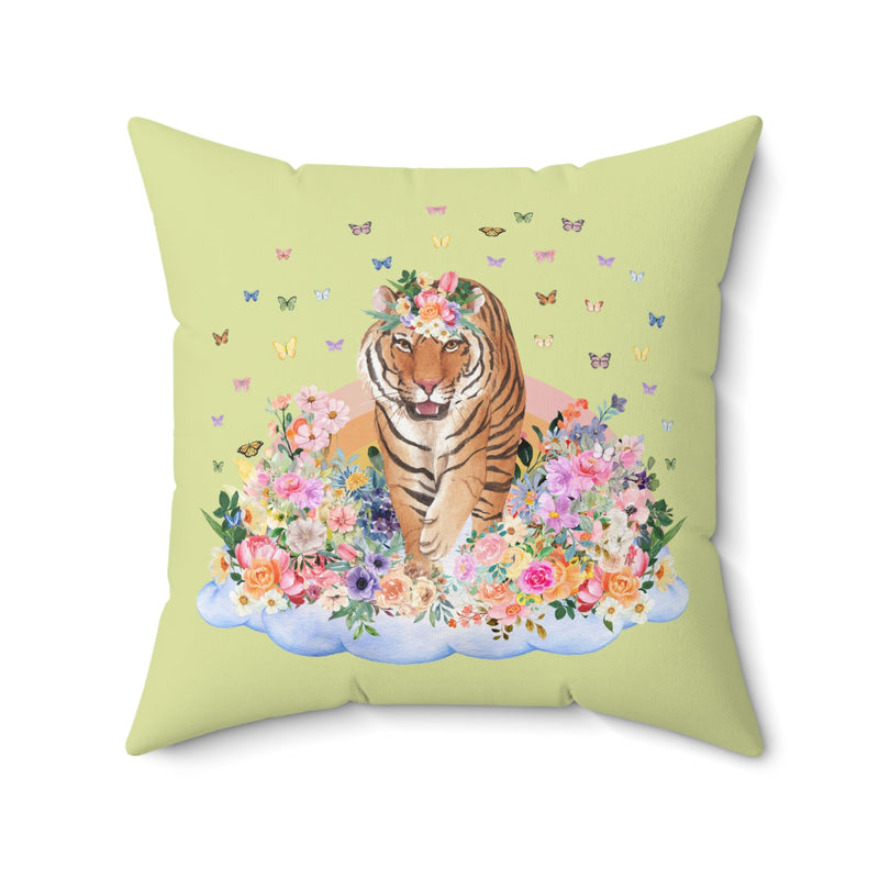 Funny Floral Tiger Pillow of Tiger Walking on Flower Cloud with Rainbow | Animal Lover Gift, Cute Butterfly Pillow, Nineties Aesthetic Gift - Opal and June