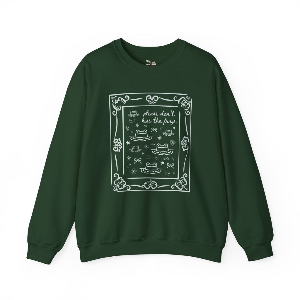 Funny Frog Lover Sweatshirt for Animal or Amphibian Lover: Please Don't Kiss the Frogs, Silly Weirdcore Goblincore Shirt with Y2K Doodles - Opal and June