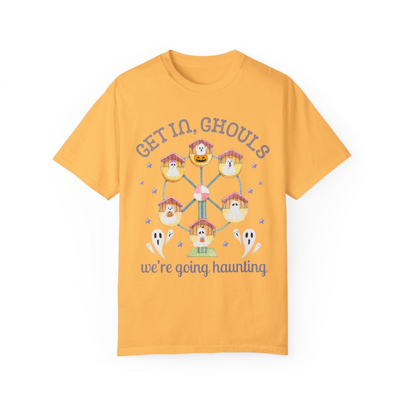 Funny Ghost Tee Shirt for Halloween: We're Going Haunting, Spooky Season T-Shirt, Vintage Aesthetic Groovy Ghosts, Pastel Goth, Ferris Wheel - Opal and June