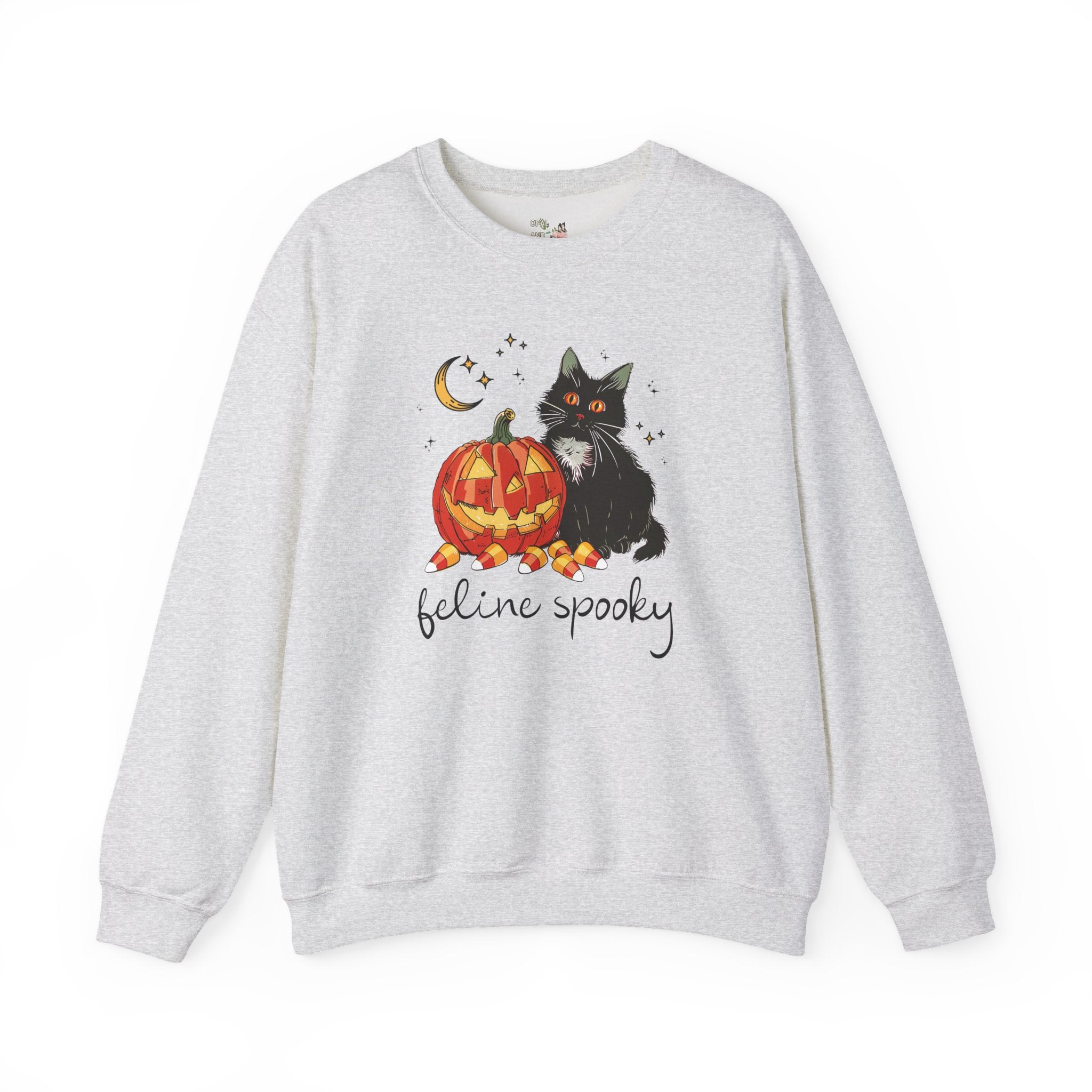 Funny Halloween Sweatshirt with Cat and Pumpkin: Feline Spooky, Silly Halloween Teacher Crewneck for Elementary School Teacher or New Mama - Opal and June
