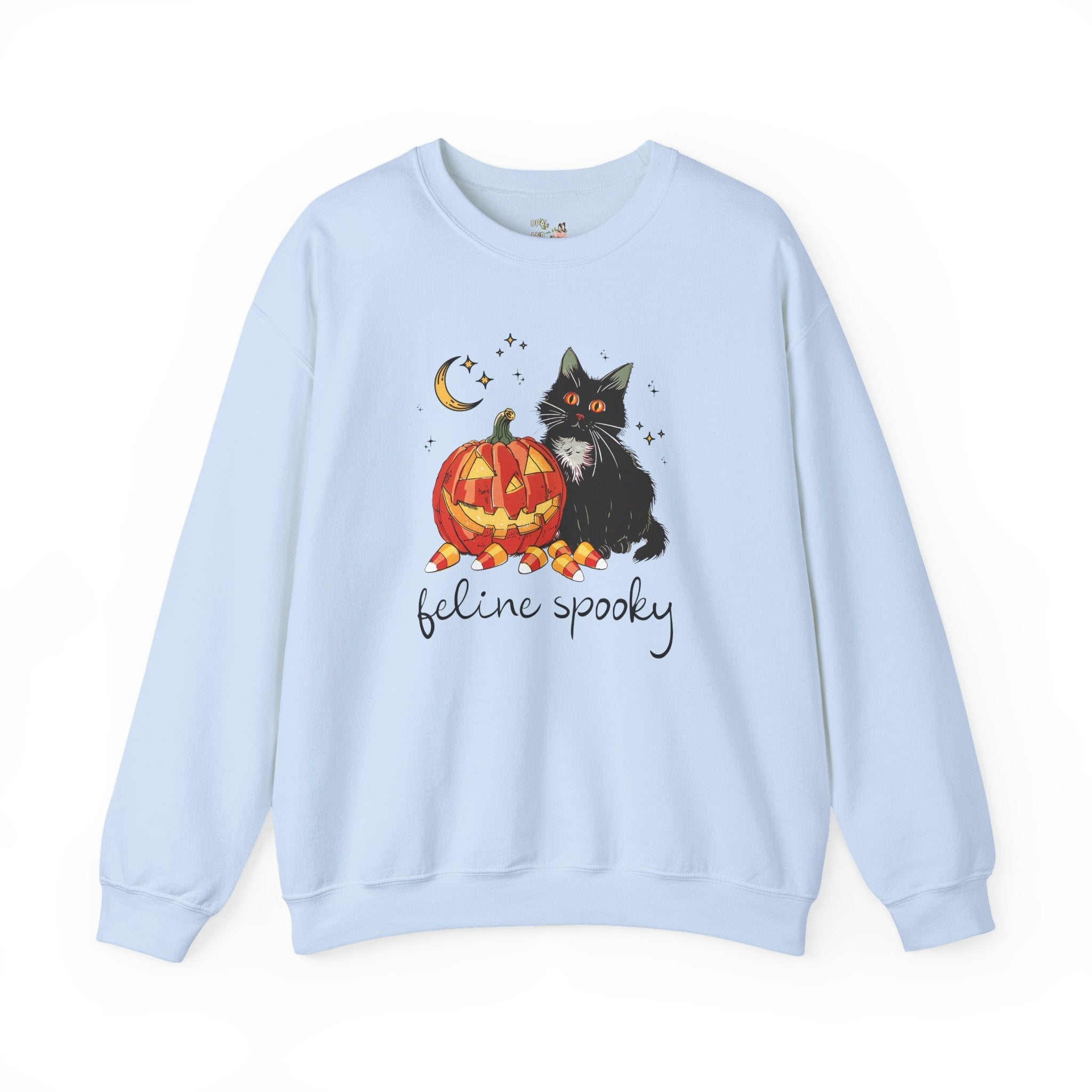 Funny Halloween Sweatshirt with Cat and Pumpkin: Feline Spooky, Silly Halloween Teacher Crewneck for Elementary School Teacher or New Mama - Opal and June