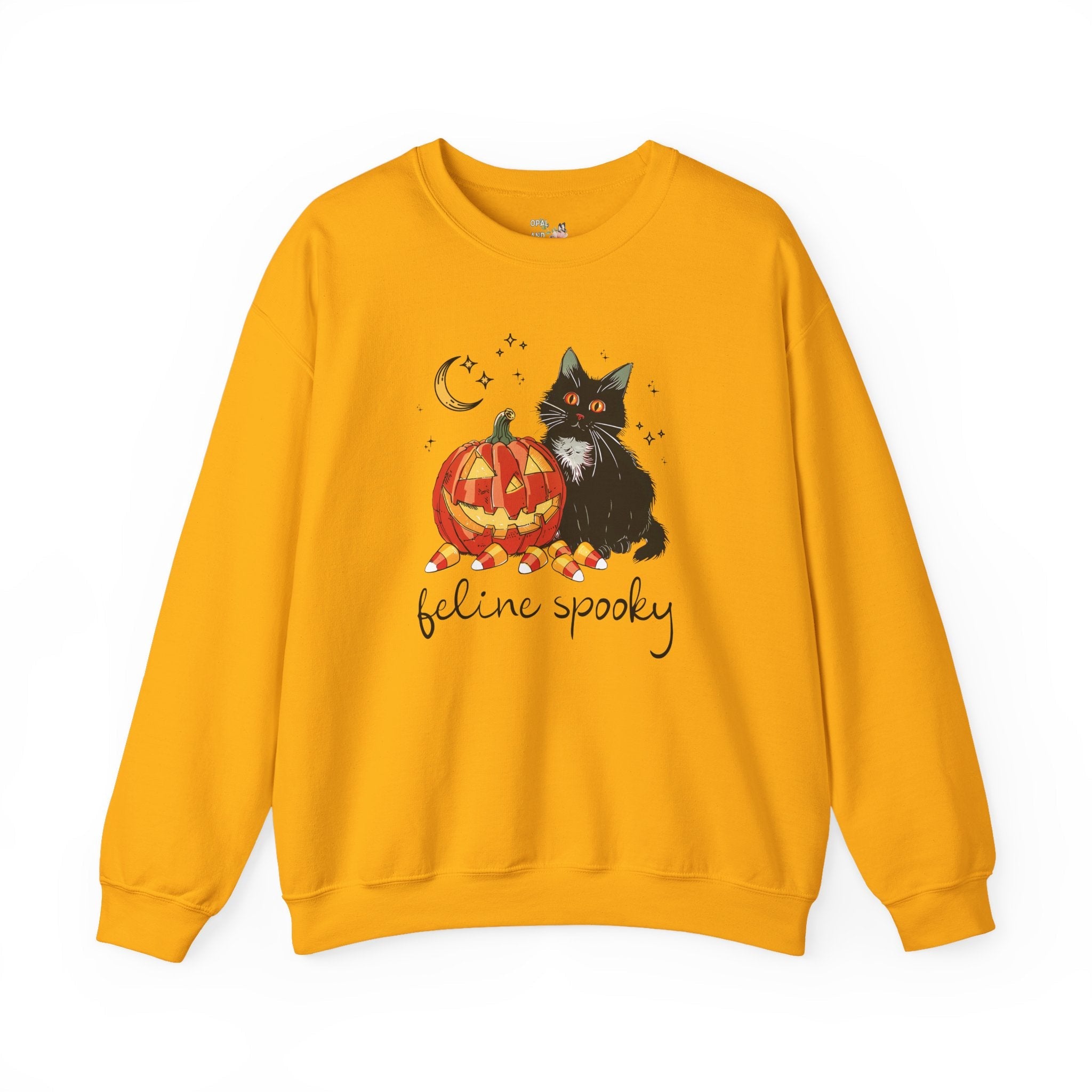 Funny Halloween Sweatshirt with Cat and Pumpkin: Feline Spooky, Silly Halloween Teacher Crewneck for Elementary School Teacher or New Mama - Opal and June