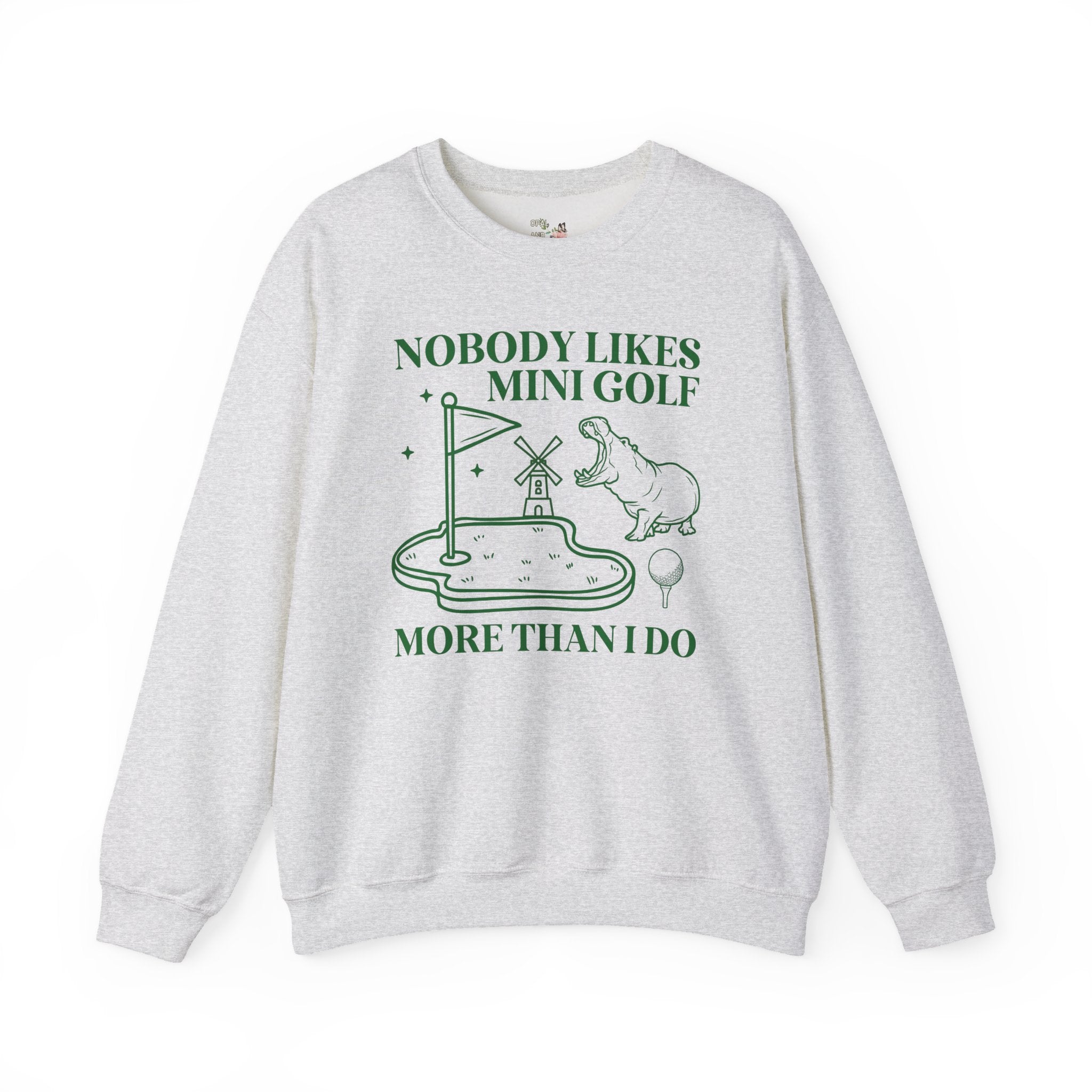 Funny Mini Golf Sweatshirt for Mom or Dad Who Always Wins Mini Golf, Silly Nineties Throwback Shirt with Hippo, Animal Lover Gift for Friend - Opal and June
