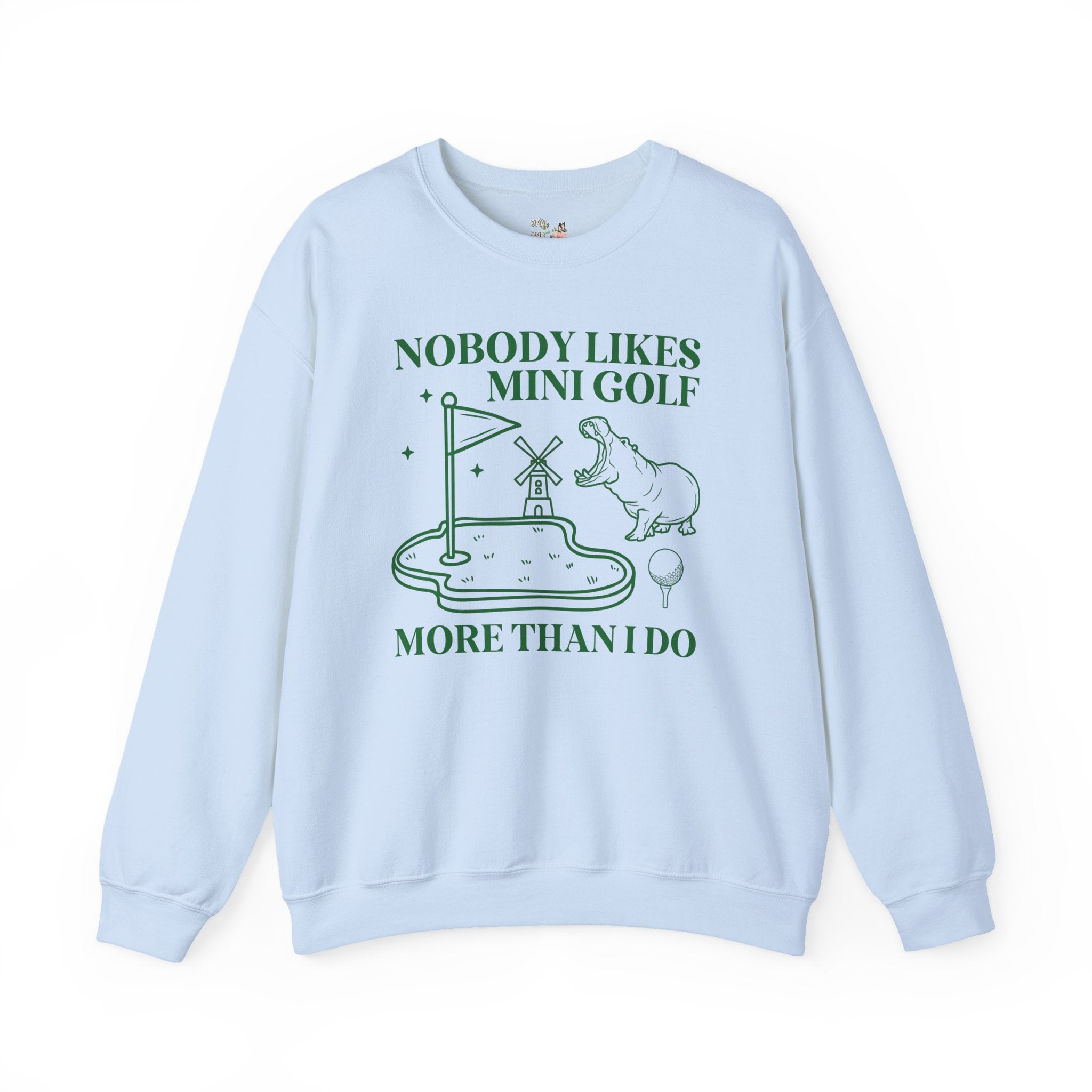 Funny Mini Golf Sweatshirt for Mom or Dad Who Always Wins Mini Golf, Silly Nineties Throwback Shirt with Hippo, Animal Lover Gift for Friend - Opal and June