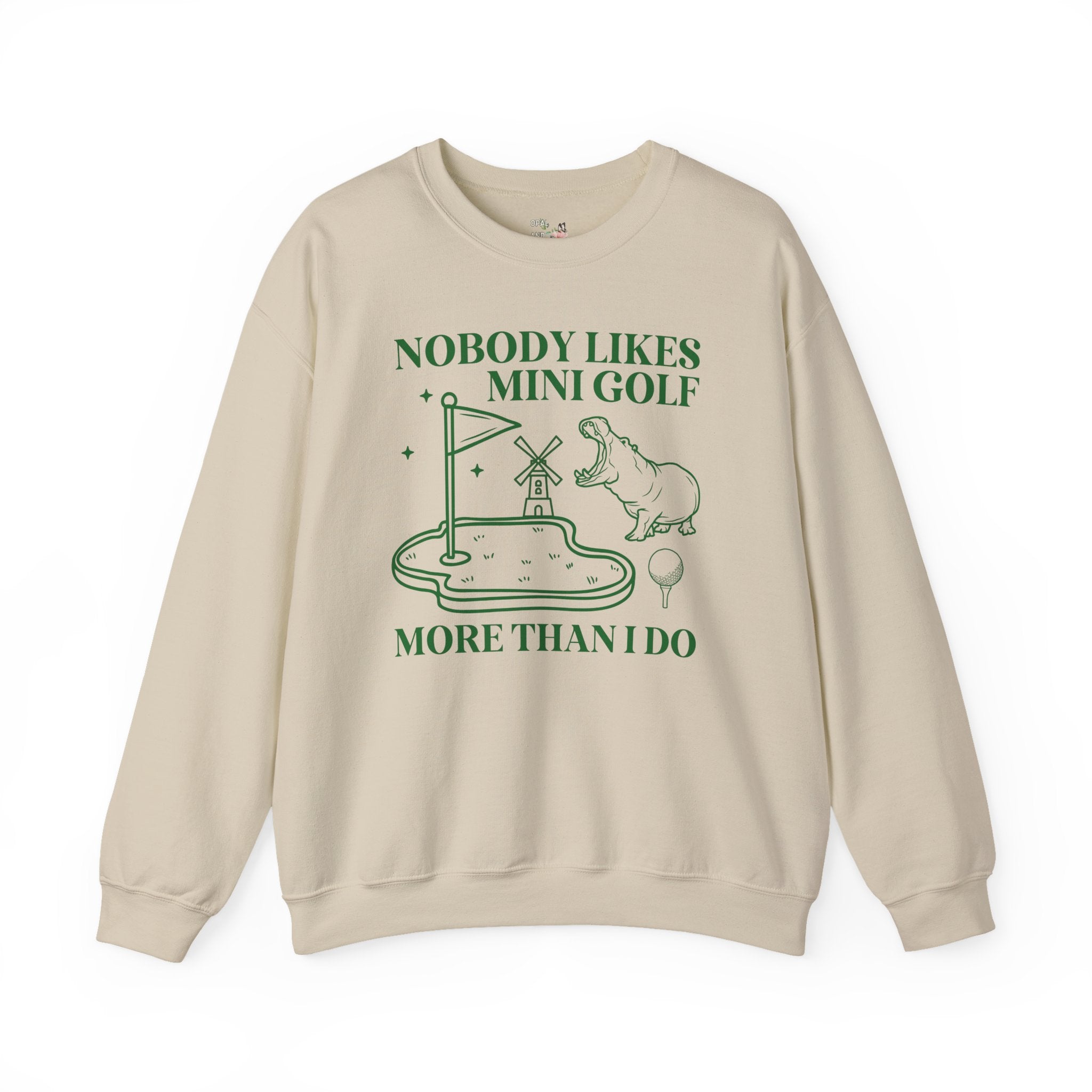 Funny Mini Golf Sweatshirt for Mom or Dad Who Always Wins Mini Golf, Silly Nineties Throwback Shirt with Hippo, Animal Lover Gift for Friend - Opal and June