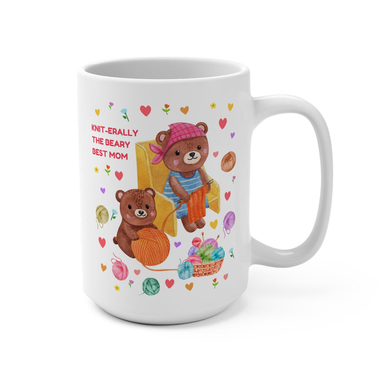 Funny Mom Coffee Mug, Mom Who Loves Knitting and Silly Puns, Cute Cottagecore Bear Gift with 90s Aesthetic, Boho Dreamcore Mug with Hearts - Opal and June