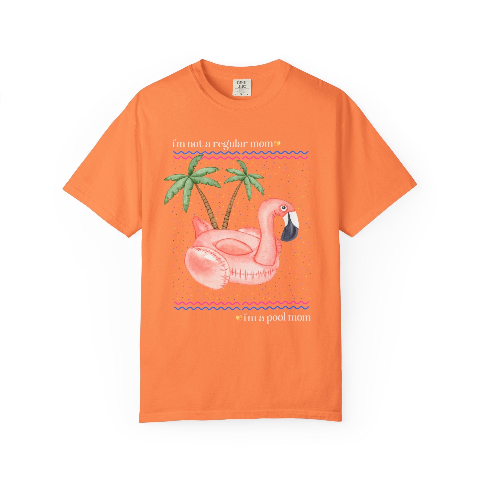 Funny Mom Shirt for Mom Who Has a Pool, Silly Chaotic 90s Aesthetic T-Shirt with a Flamingo and Palm Trees, Fun Mama Tee Shirt for Summer - Opal and June