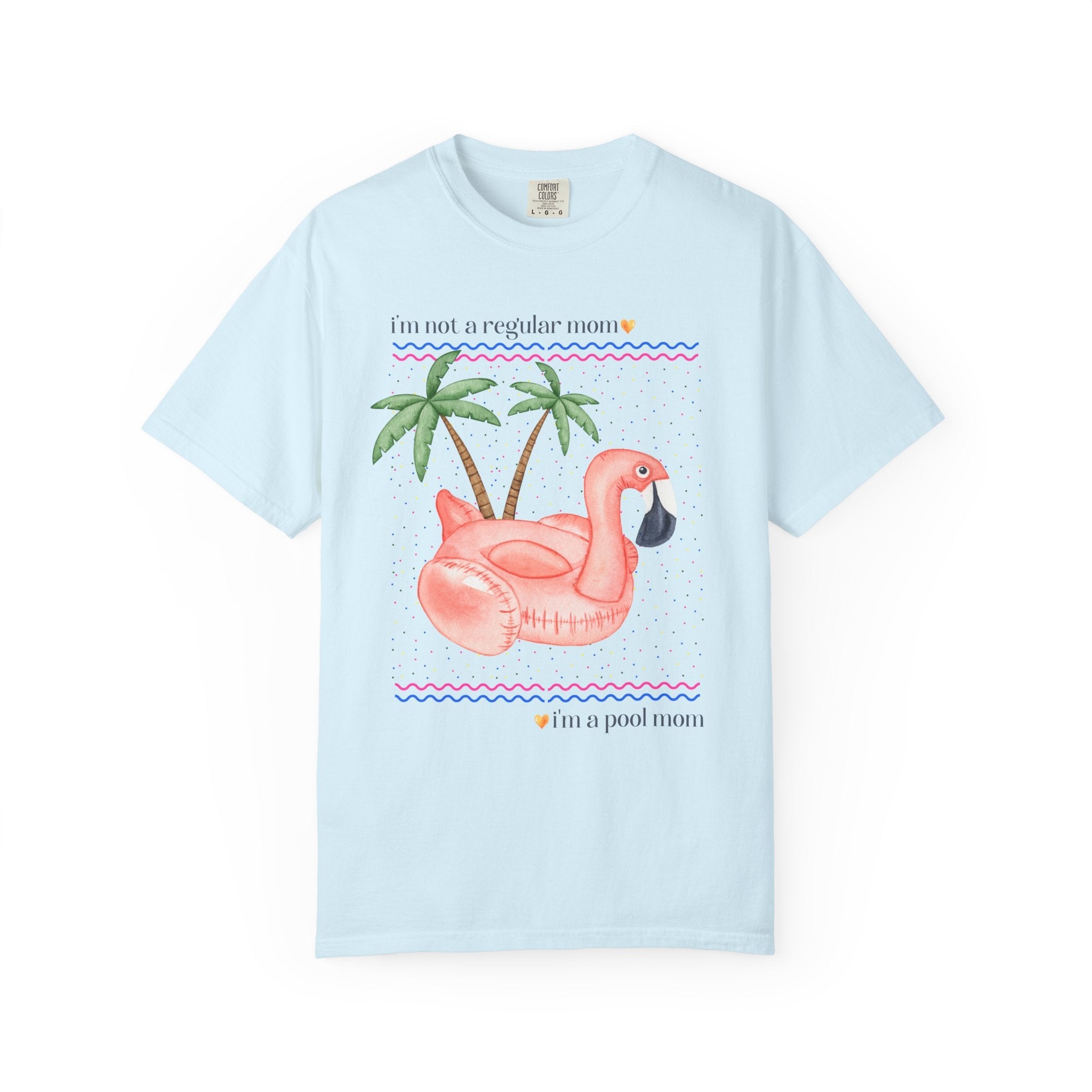 Funny Mom Shirt for Mom Who Has a Pool, Silly Chaotic 90s Aesthetic T-Shirt with a Flamingo and Palm Trees, Fun Mama Tee Shirt for Summer - Opal and June